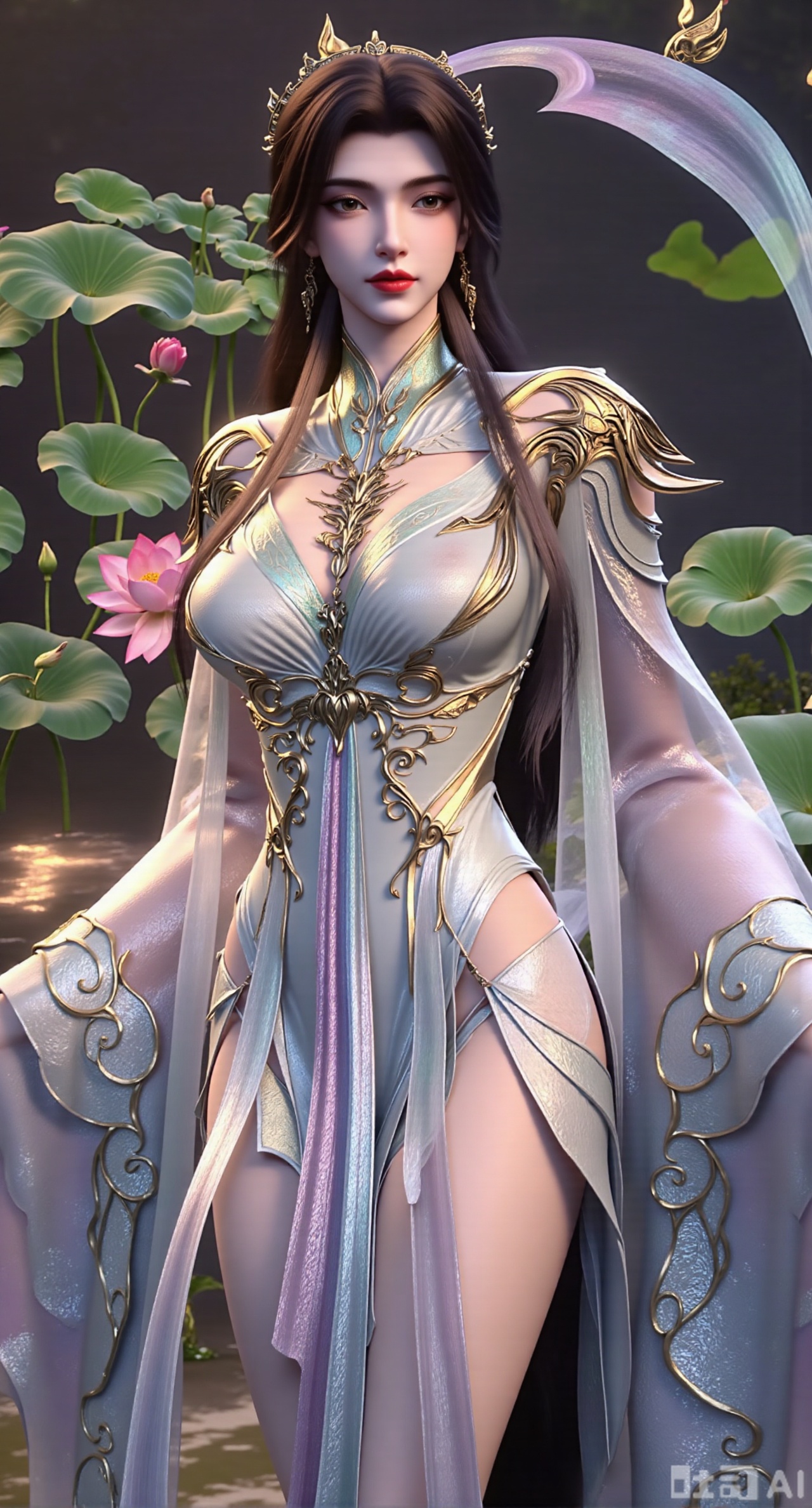  (masterpiece, best quality:1.2),1girl, navel, solo, midriff, bare shoulders, hair ornament,(long hair),(High double ponytail:1.49), red lips, BREAK, (looking at viewer:1.39), chinese clothes,(Holographic pink|green dress:1.36), (lace,Rainbow Gradient Color:1.28), BREAK,blurry, solo focus, long hair, lips, daytime, lipstick, outdoors, standing,upper body,(huge breasts:2.89), background, solo, makeup,(Liquid glass style flowers:1.49),(huge breasts:2.99),(full breasts:2.99),,(Background with lotus pond and pink lotus flowers:1.39),,Xfengmian2,Xzhenxianyingling,XhenrendadiX,Xzhenxianyingling2,XhenrennvdiX