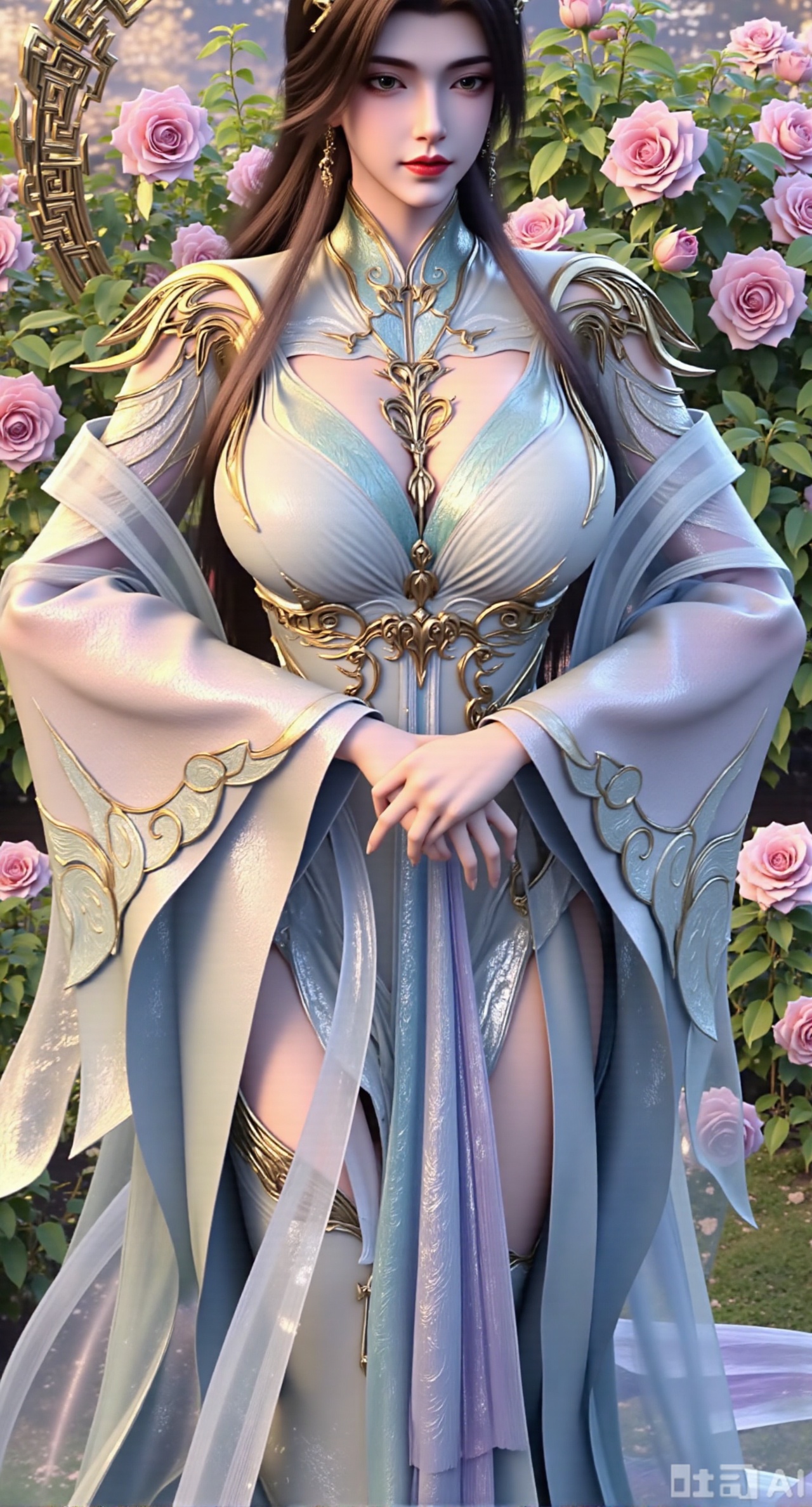  (masterpiece:1.2),best quality,,A woman adorned in traditional Chinese attire,featuring a flowing robe with intricate embroidery and floral accents. A garden filled with pink roses and lush greenery. Soft pastel hues of white,blue,and green,creating a serene atmosphere. Photorealistic photography.,,(huge breasts:2.99),(full breasts:2.99),Xfengmian2,Xzhenxianyingling,XhenrendadiX,Xzhenxianyingling2,XhenrennvdiX
