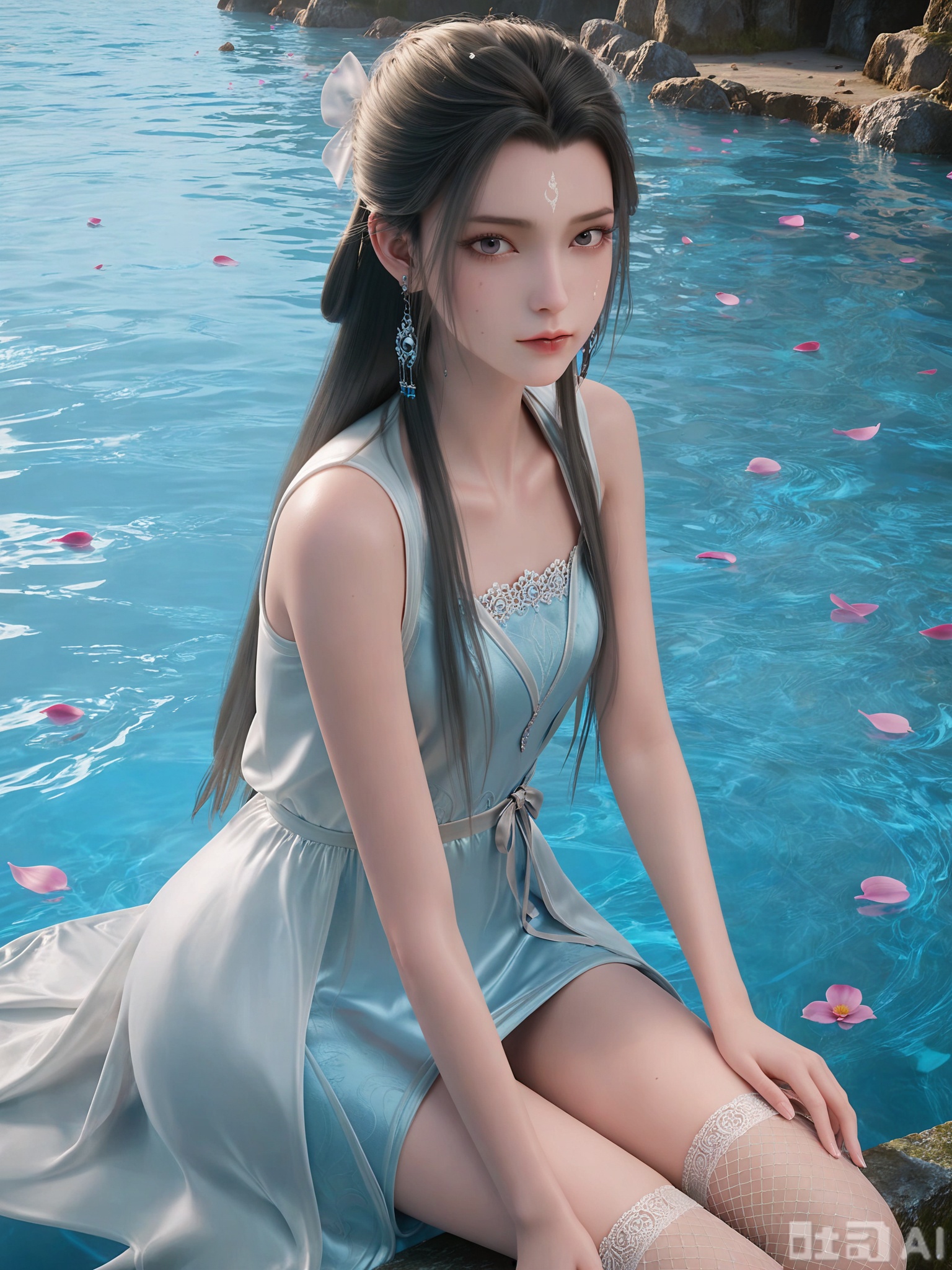 score_9,score_8_up,score_7_up,realistic,photorealistic,1girl,looking_at_viewer,realistic,1girl,Vivid Colors,bright environment,delicate water,hair_ornament,shiny skin,shiny hair,reflection,dress,flower sea,falling petals,extreme detail description,(upper body:0.3),put one hand on your side,long_hair,(skindentation:1.3),Fishnet stockings,bright,sunshine on face,light,sweating,dress,light,sitting_down,glowing,sunshine,bright,reflection,skinny,petite,thin,leg slimming,lose weight,slim hips,