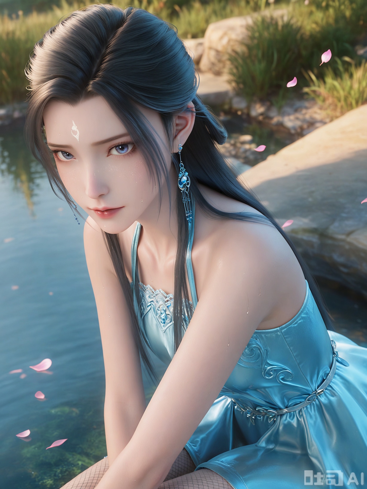 score_9,score_8_up,score_7_up,realistic,photorealistic,1girl,looking_at_viewer,realistic,1girl,Vivid Colors,bright environment,delicate water,hair_ornament,shiny skin,shiny hair,reflection,dress,flower sea,falling petals,extreme detail description,(upper body:0.3),put one hand on your side,long_hair,(skindentation:1.3),Fishnet stockings,bright,sunshine on face,light,sweating,dress,light,sitting_down,glowing,sunshine,bright,reflection,skinny,petite,thin,leg slimming,lose weight,slim hips,