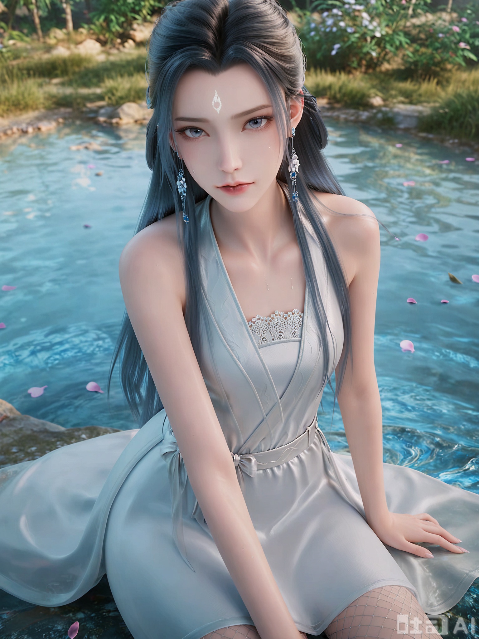 score_9,score_8_up,score_7_up,realistic,photorealistic,1girl,looking_at_viewer,realistic,1girl,Vivid Colors,bright environment,delicate water,hair_ornament,shiny skin,shiny hair,reflection,dress,flower sea,falling petals,extreme detail description,(upper body:0.3),put one hand on your side,long_hair,(skindentation:1.3),Fishnet stockings,bright,sunshine on face,light,sweating,dress,light,sitting_down,glowing,sunshine,bright,reflection,skinny,petite,thin,leg slimming,lose weight,slim hips,