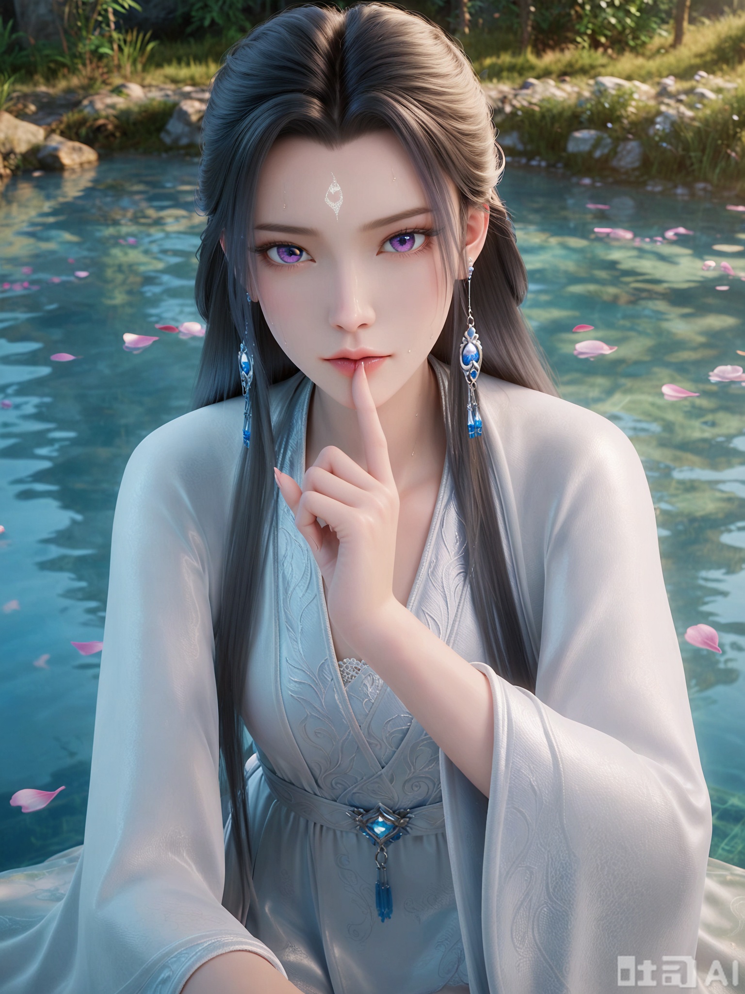 score_9,score_8_up,score_7_up,realistic,photorealistic,1girl,looking_at_viewer,realistic,1girl,Vivid Colors,bright environment,delicate water,hair_ornament,shiny skin,shiny hair,reflection,dress,flower sea,falling petals,extreme detail description,(upper body:0.3),put one hand on your side,long_hair,(skindentation:1.3),Fishnet stockings,bright,sunshine on face,light,sweating,dress,light,sitting_down,glowing,sunshine,bright,reflection,skinny,petite,thin,leg slimming,lose weight,slim hips,purple eyes,wide sleeves,