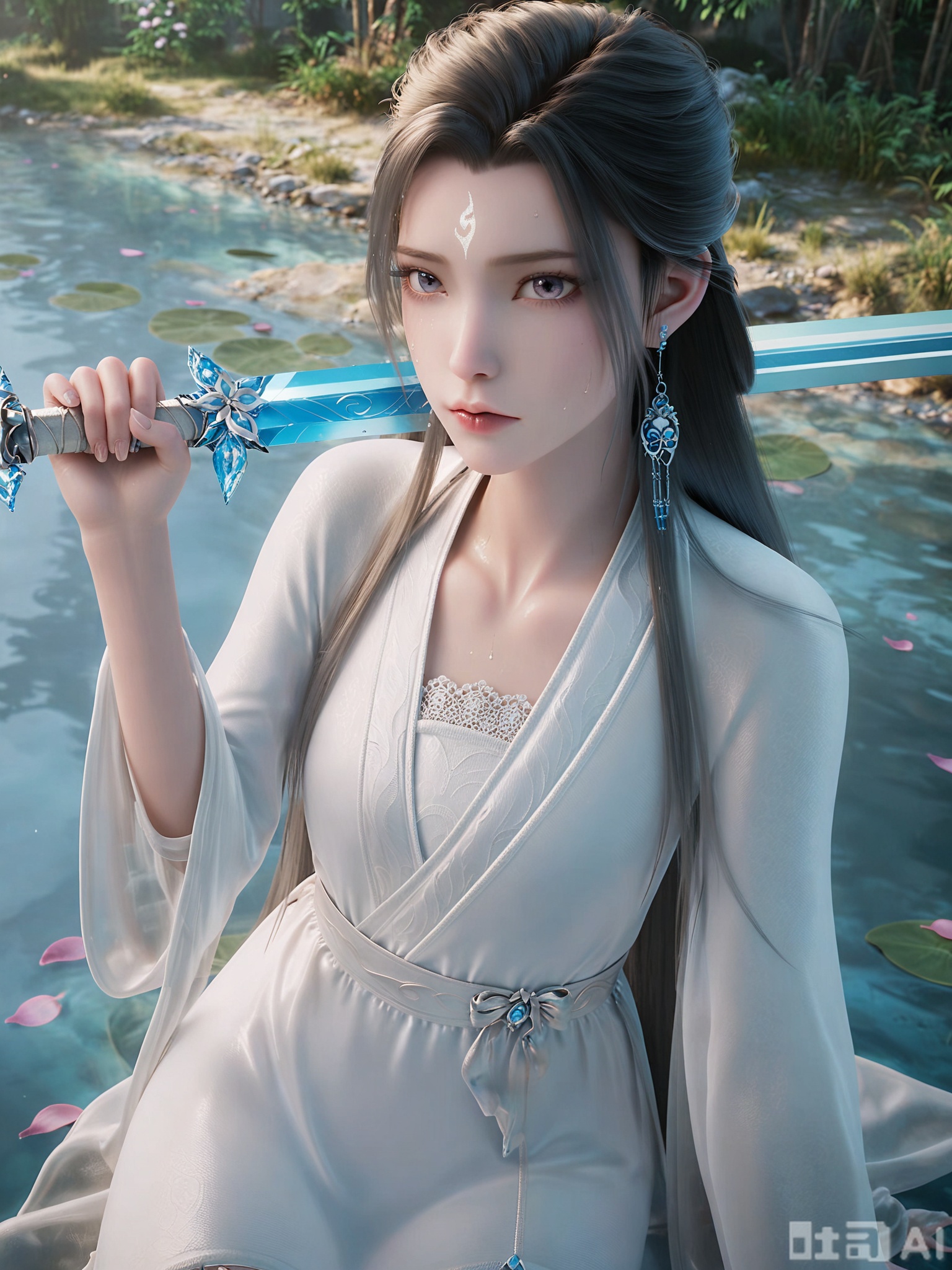 score_9,score_8_up,score_7_up,realistic,photorealistic,1girl,looking_at_viewer,realistic,1girl,Vivid Colors,bright environment,delicate water,hair_ornament,shiny skin,shiny hair,reflection,dress,flower sea,falling petals,extreme detail description,(upper body:0.3),put one hand on your side,long_hair,(skindentation:1.3),Fishnet stockings,bright,sunshine on face,light,sweating,dress,light,sitting_down,glowing,sunshine,bright,reflection,skinny,petite,thin,leg slimming,lose weight,slim hips,holding sword,