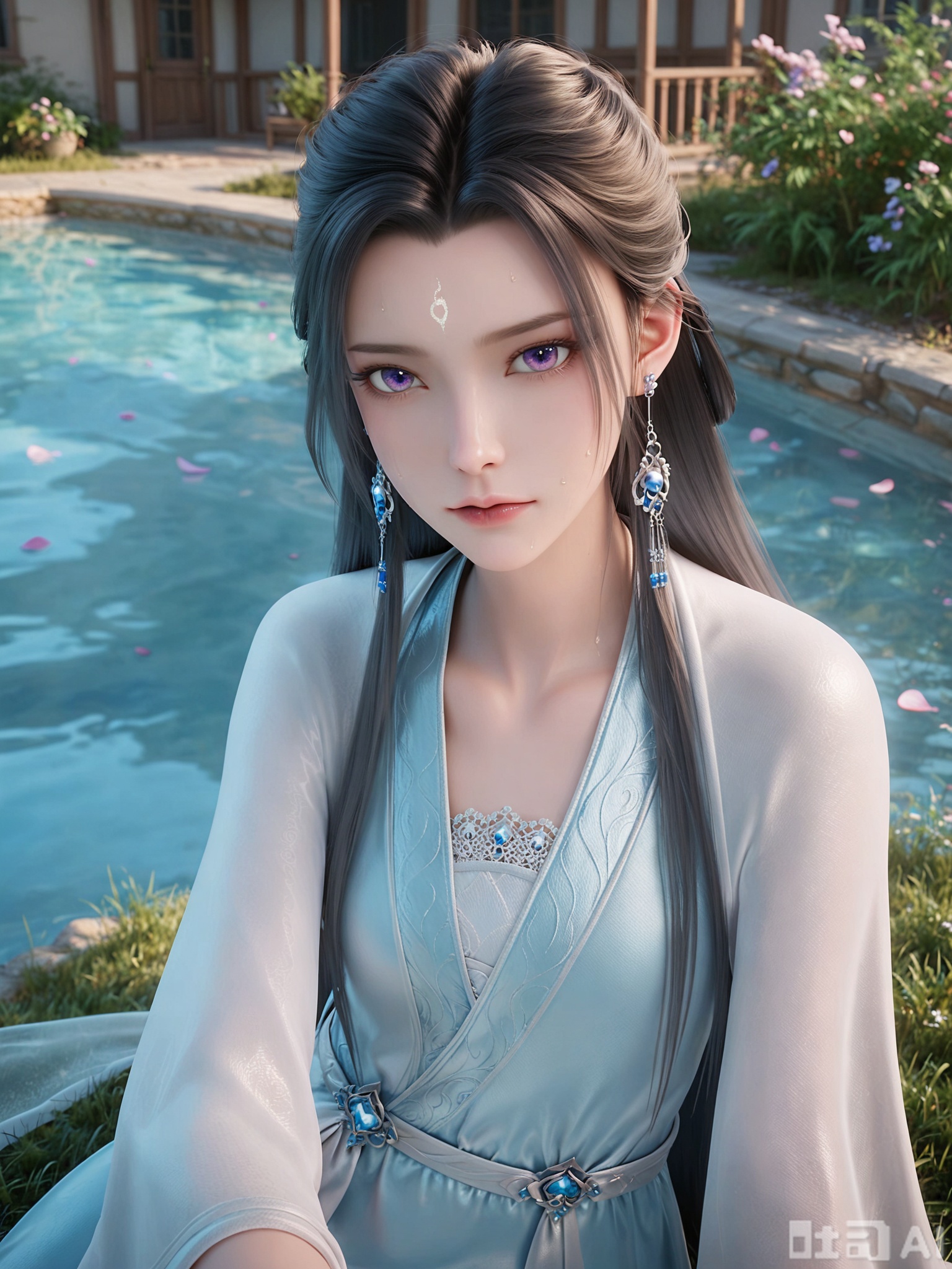 score_9,score_8_up,score_7_up,realistic,photorealistic,1girl,looking_at_viewer,realistic,1girl,Vivid Colors,bright environment,delicate water,hair_ornament,shiny skin,shiny hair,reflection,dress,flower sea,falling petals,extreme detail description,(upper body:0.3),put one hand on your side,long_hair,(skindentation:1.3),Fishnet stockings,bright,sunshine on face,light,sweating,dress,light,sitting_down,glowing,sunshine,bright,reflection,skinny,petite,thin,leg slimming,lose weight,slim hips,purple eyes,wide sleeves,