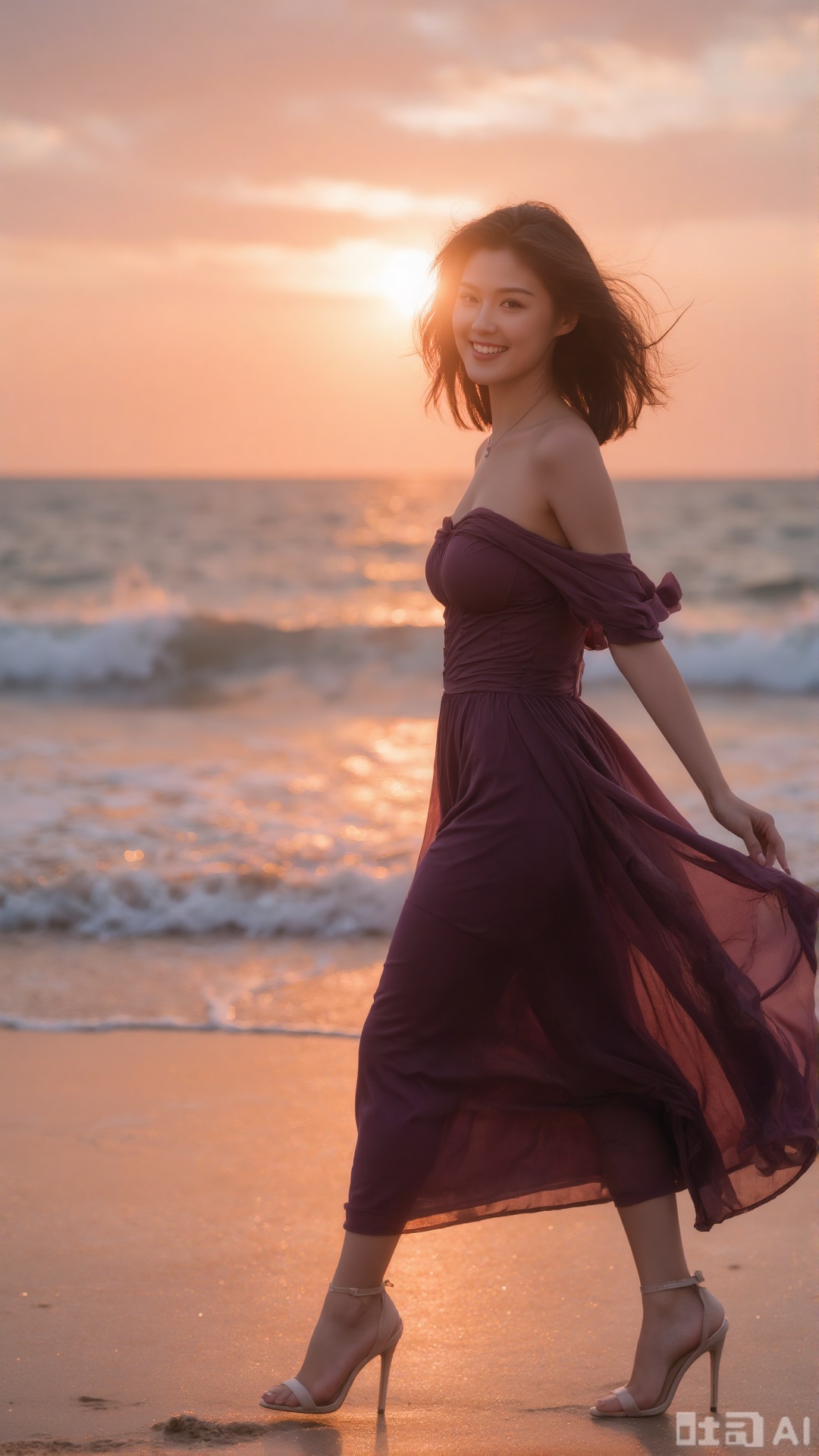 The setting sun casts its glow all over the beach by the sea. A tall naturalistic female is strolling on it. She is in a flowing off-the-shoulder long dress in dark purple, and the skirt dances gently in the wind. She is wearing stiletto heels and walking with a light and confident step. The sea breeze stirs her curly hair, and she is smiling with a free and easy look in her eyes. In the distance is the sparkling sea and the orange-red skyline. The beach, the waves and the sunset glow interweave into a dreamy background, perfectly interpreting the artistic beauty of a sexy and domineering lady, just like a beautiful scene in a movie.,plns,cher
