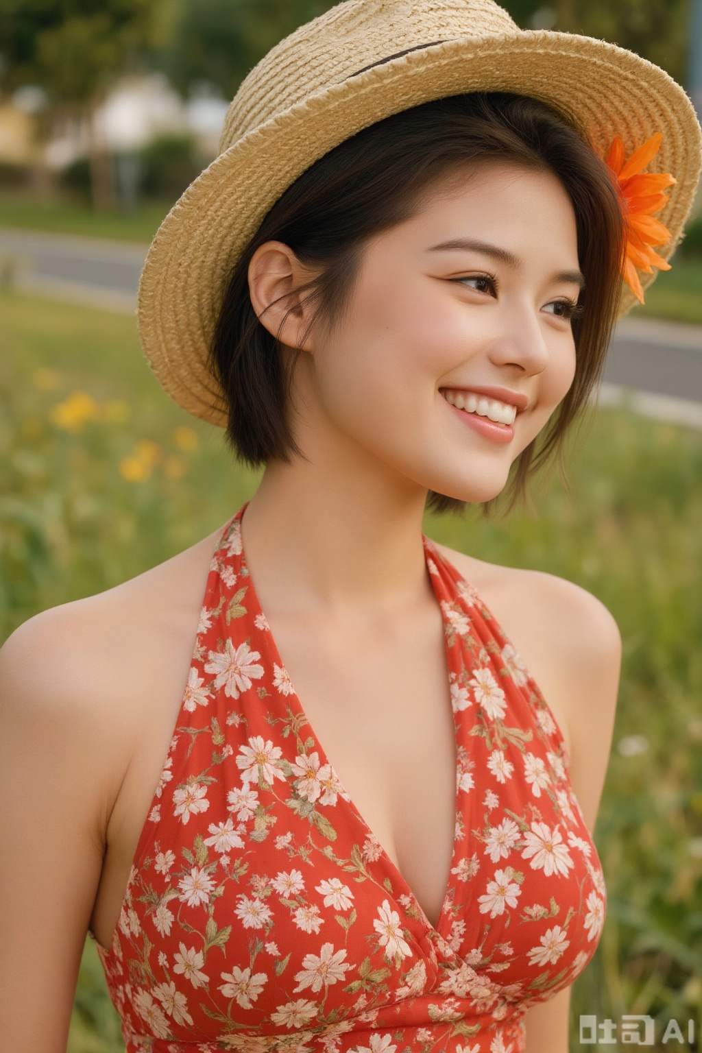 qxsn,  A girl wearing a straw hat with an orange flower and a red floral halter dress,  smiling sideways. Outdoor grass on...