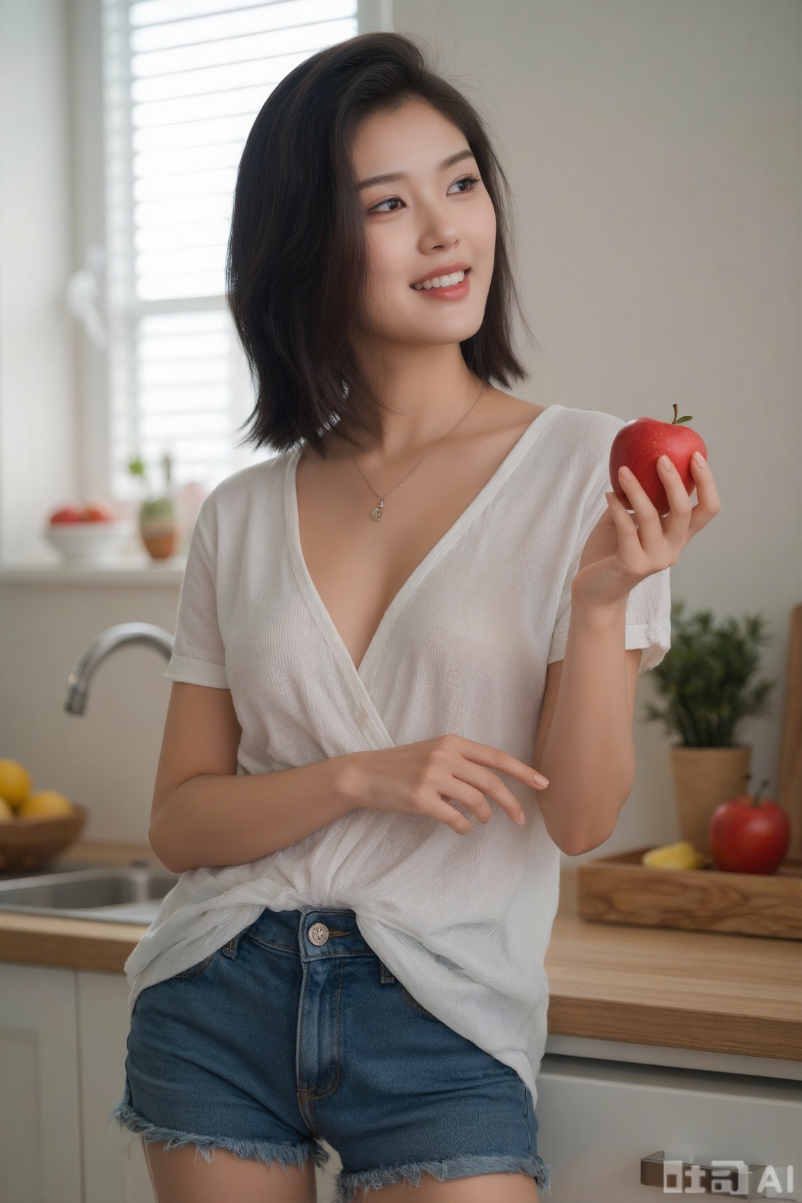 plns,cher, A young woman in a white deep V-neck top and denim shorts, holding an apple, standing by the kitchen window. Natural light filters through the blinds, creating a warm atmosphere. The style is fresh, focusing on the interaction between the person and the fruit.