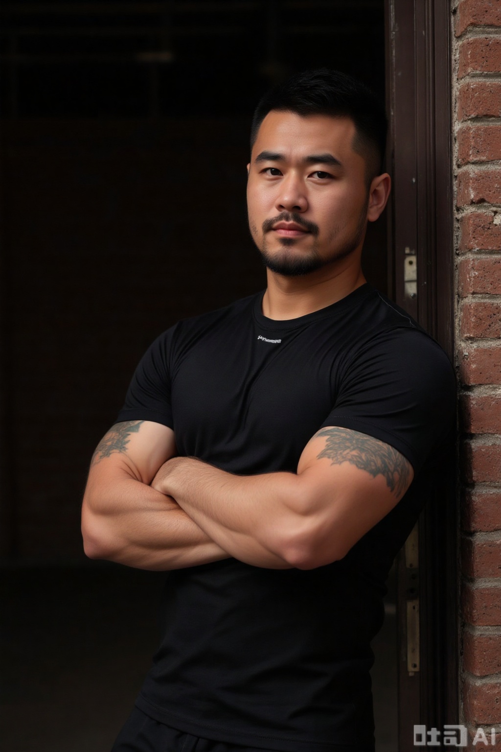 A man in a black tight short - sleeve shirt, arms crossed, leaning against a door. Brick wall and dark space contrast. Compact composition, dark tone, side light highlights muscles and tattoos.