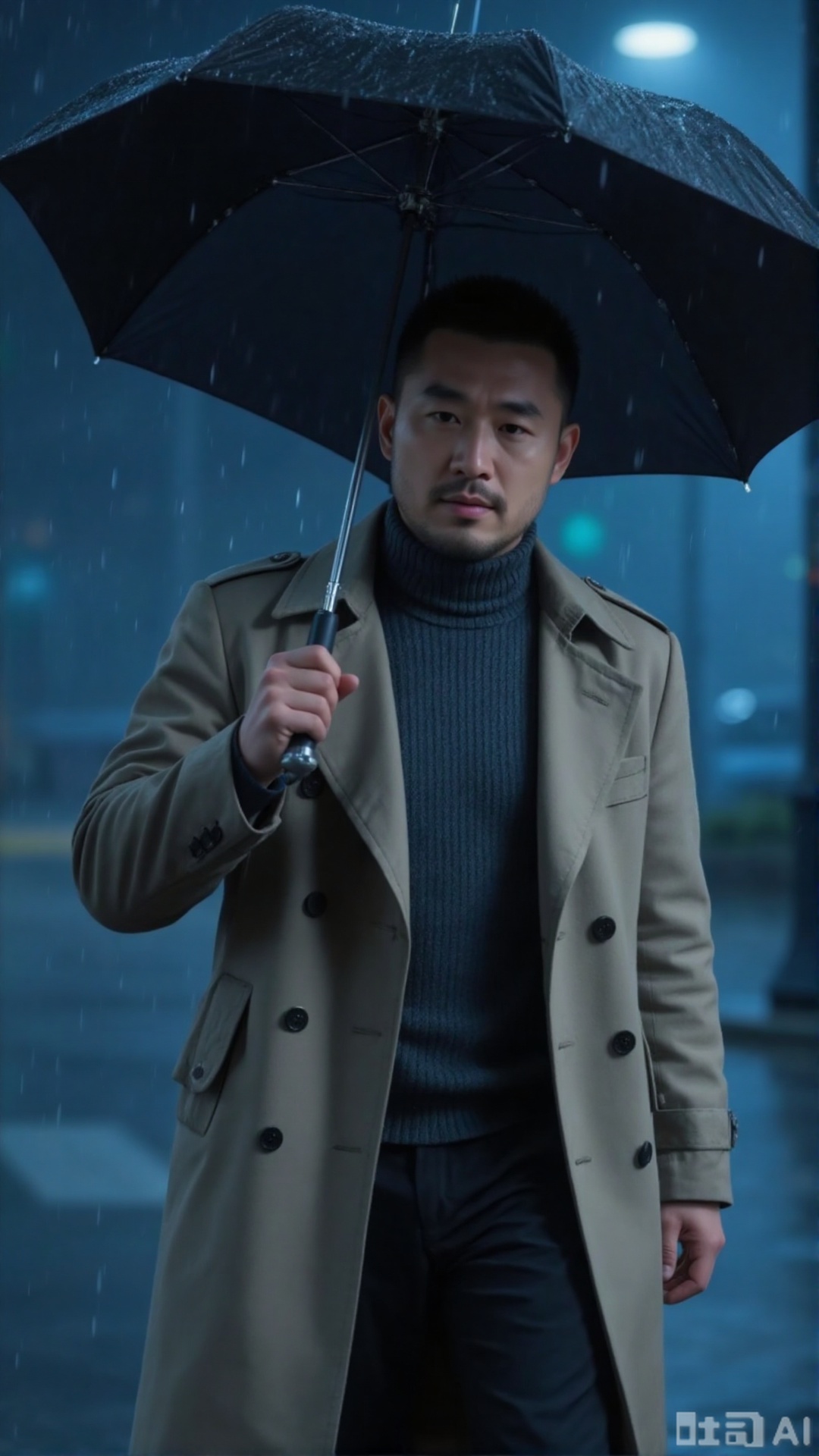 Produce a realistic image of an urban male wearing a turtleneck sweater and a long trench coat. He strolls through the rain, holding a black umbrella, with the hem of his coat fluttering in the wind, exuding elegance. Use cinematic diffused lighting to create a hazy atmosphere, dark rendering to convey the loneliness of the rainy night, and base the color palette on dark blue and black, accentuating the silver reflections of the umbrella's metal parts. Balance the character and the rainy scene with the rule of thirds, creating a high-definition masterpiece rich in narrative.cinematic texture background,xnz