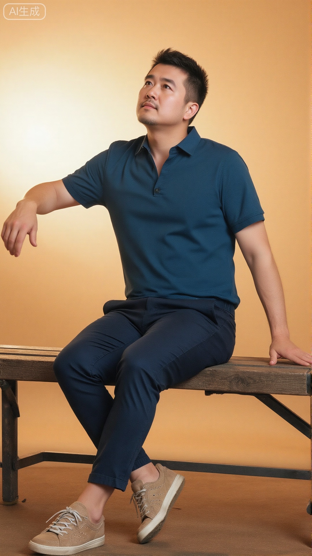 A man leans on a bench, looking up ahead. Warm - toned background, half - body composition, soft light highlights the outline. Leisurely and comfortable style, simple and lively picture.