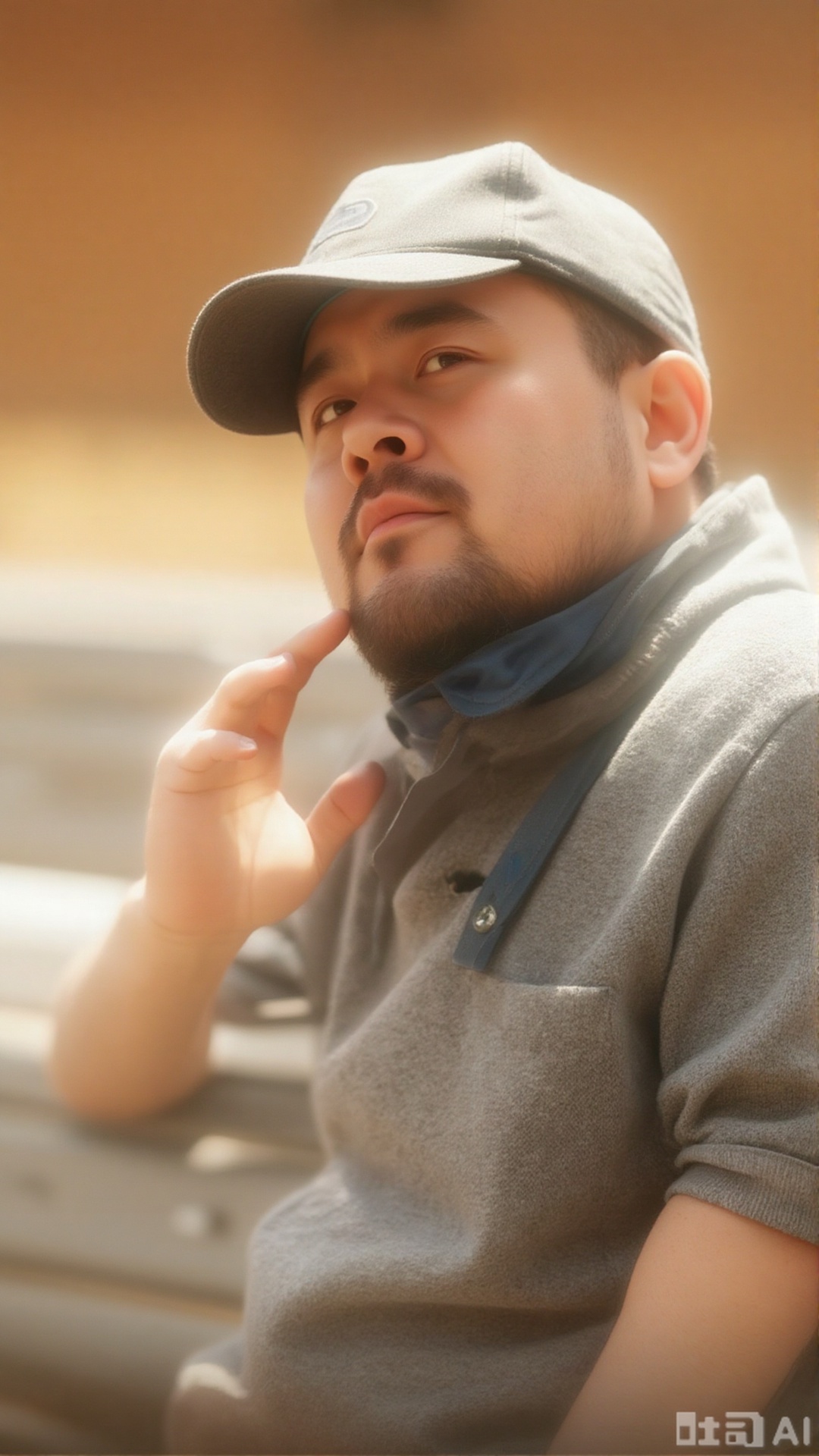 1man, A man leans on a bench, twirling a baseball cap with his fingertips, looking up ahead. Warm - toned background, half - body composition, soft light highlights the outline. Leisurely and comfortable style, simple and lively picture.