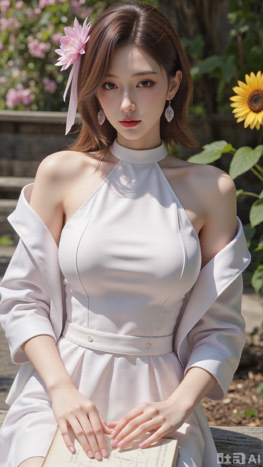 1girl, solo, long hair, brown hair, long sleeves, dress, ribbon, bare shoulders, jewelry, flower, earrings, outdoors, lying, white dress, book, sunflower, ,Light, shadow ,Illustration, lightshadow,shadow,masterpiece,best quality,good quality,very aesthetic,A shot with tension,impactful picture,offcial art,movie perspective,masterpiece,facing the lens,best quality,very aesthetic,extremely delicate and beautiful,huge filesize,amazing quality,solo_focus,depth_of_field,sunlight,reflective,masterful details,intricate details, high contrast,natural skin texture,soft light,sharp,ultra-high resolution,32K UHD,