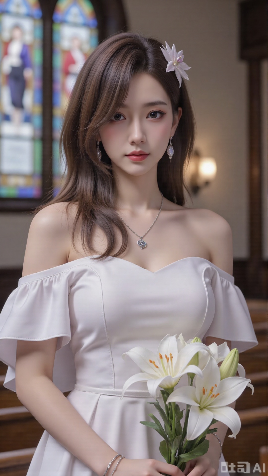 masterpiece,very aware,highres,absurdres,newest,best quality,high quality,chromatic_aberration,cinematic_angle,dutch angle,blurry_foreground,
1girl, flower, solo, hair ornament, dress, bouquet, stained glass, hair flower, holding bouquet, white dress, holding, looking at viewer, necklace, jewelry, church, white flower, virtual youtuber, lily (flower), earrings, closed mouth, bare shoulders, indoors, off-shoulder dress, aqua eyes, long hair, off shoulder, wedding dress, light smile, mole, blue eyes, upper body, collarbone, holding flower,
photorealistic
