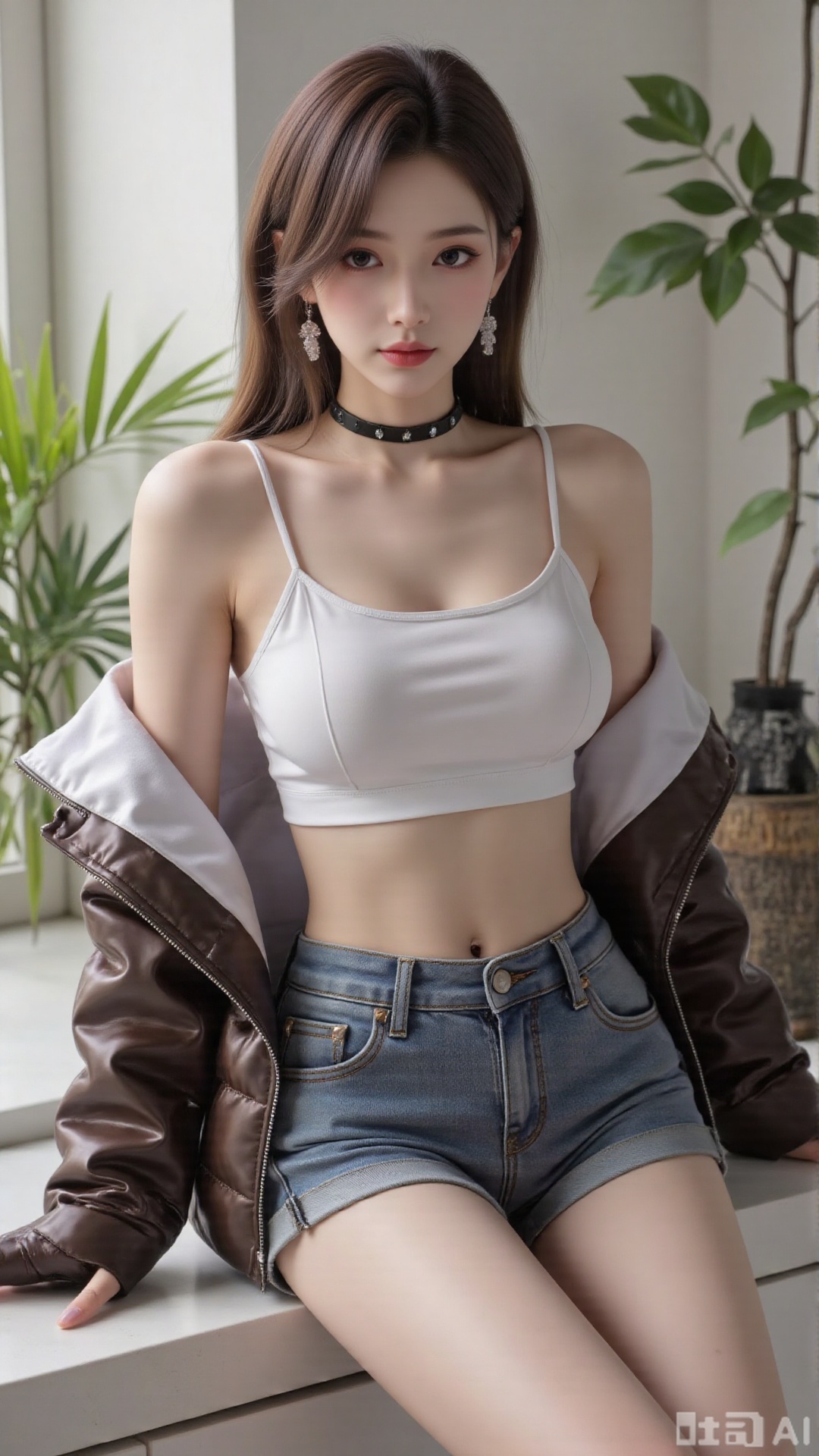 masterpiece,very aware,highres,absurdres,newest,best quality,high quality,chromatic_aberration,cinematic_angle,dutch angle, 1girl, solo, shorts, off shoulder, navel, looking at viewer, strap slip, camisole, sitting, long hair, jacket, short shorts, breasts, dolphin shorts, plant, grey shorts, midriff, brown jacket, bare shoulders, closed mouth, crop top, white camisole, open clothes, feet out of frame, open jacket, indoors, brown hair, thighs, expressionless, spaghetti strap, window, shirt, half-closed eyes, sleeveless, bare legs, potted plant, long sleeves, stomach, white shirt, blue shorts, sleeveless shirt, collarbone, very aesthetic,absurdres,newest,masterpiece,safe,amazing quality,(aestivation:1.4)