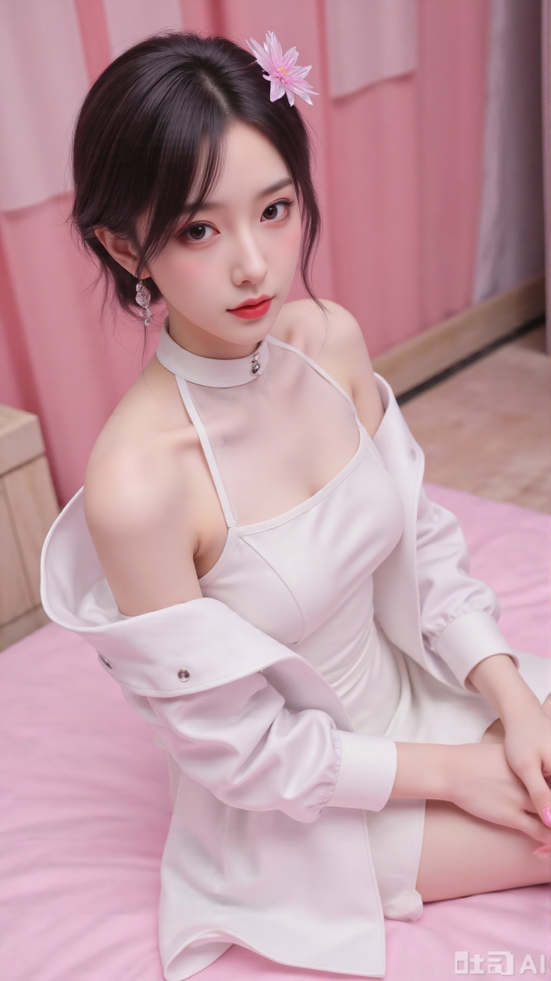 1 girl, solo, black hair, breasts, hair accessories.earrings. Look at the camera. 4/5 body.
A girl, alone, black hair, dress, brown eyes, makeup, Chinese dress, white dress, bun, lipstick, Chinese dress, white transparent dress, perfect breasts, full chest, side seam, shawl, red lips, sitting on a pink bed, lying on a pink festive bed, lying flat on the sheets, exposed skin white beauty retreat