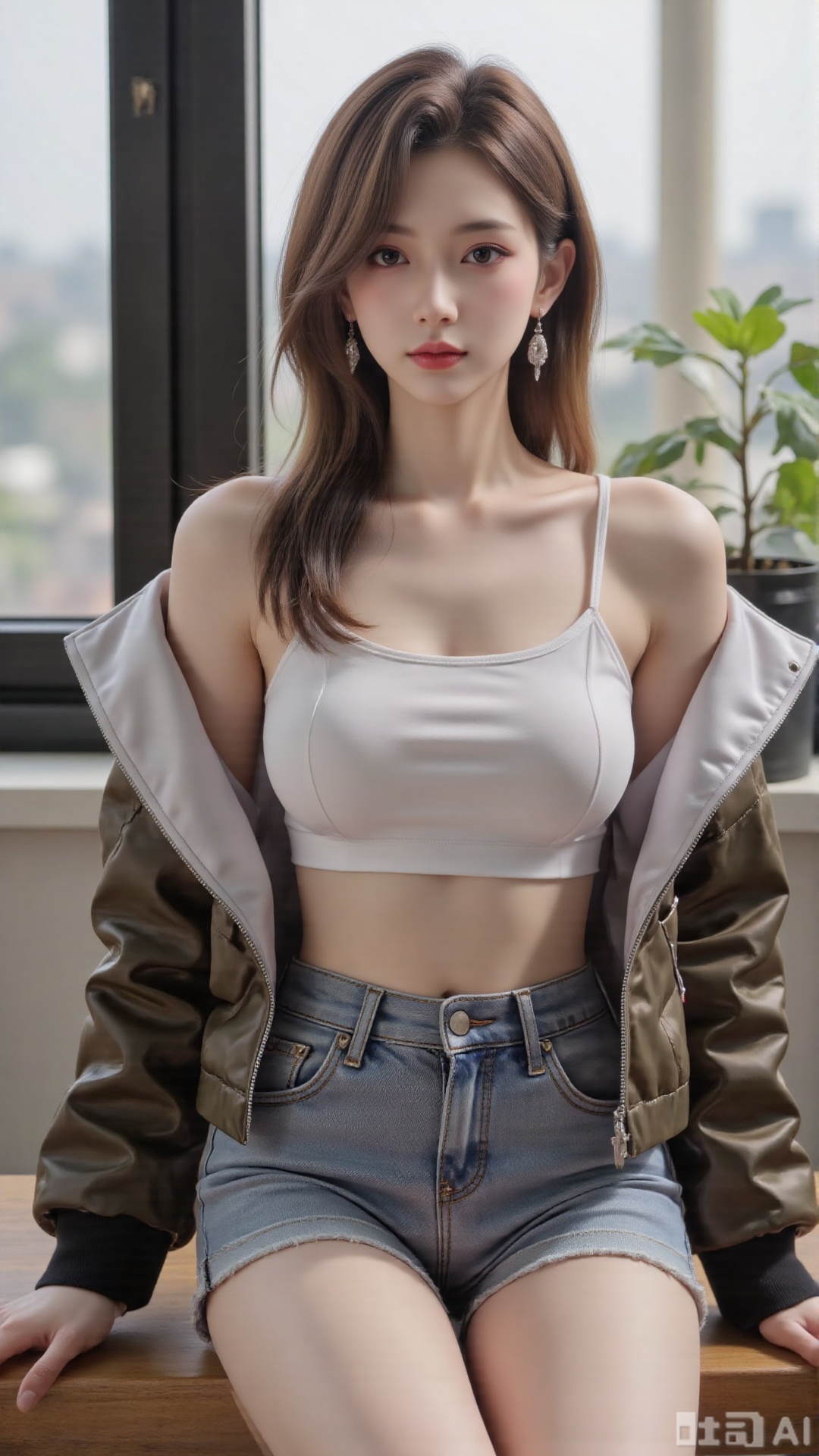 masterpiece,very aware,highres,absurdres,newest,best quality,high quality,chromatic_aberration,cinematic_angle,dutch angle, 1girl, solo, shorts, off shoulder, navel, looking at viewer, strap slip, camisole, sitting, long hair, jacket, short shorts, breasts, dolphin shorts, plant, grey shorts, midriff, brown jacket, bare shoulders, closed mouth, crop top, white camisole, open clothes, feet out of frame, open jacket, indoors, brown hair, thighs, expressionless, spaghetti strap, window, shirt, half-closed eyes, sleeveless, bare legs, potted plant, long sleeves, stomach, white shirt, blue shorts, sleeveless shirt, collarbone, very aesthetic,absurdres,newest,masterpiece,safe,amazing quality,(aestivation:1.4)