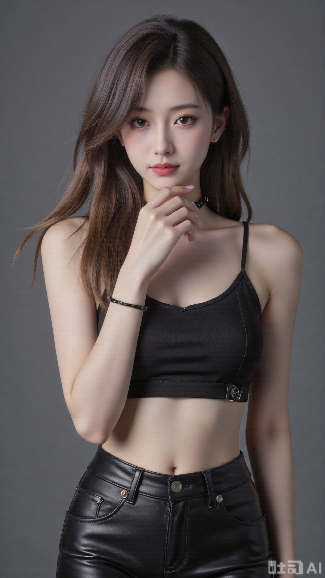  masterpiece, best quality, 1girl ,(( grey background)), long hair, floating hair,looking at viewers, happy, ((front)), (studio light),upper body,soft light,dark style, summer, FilmGirl