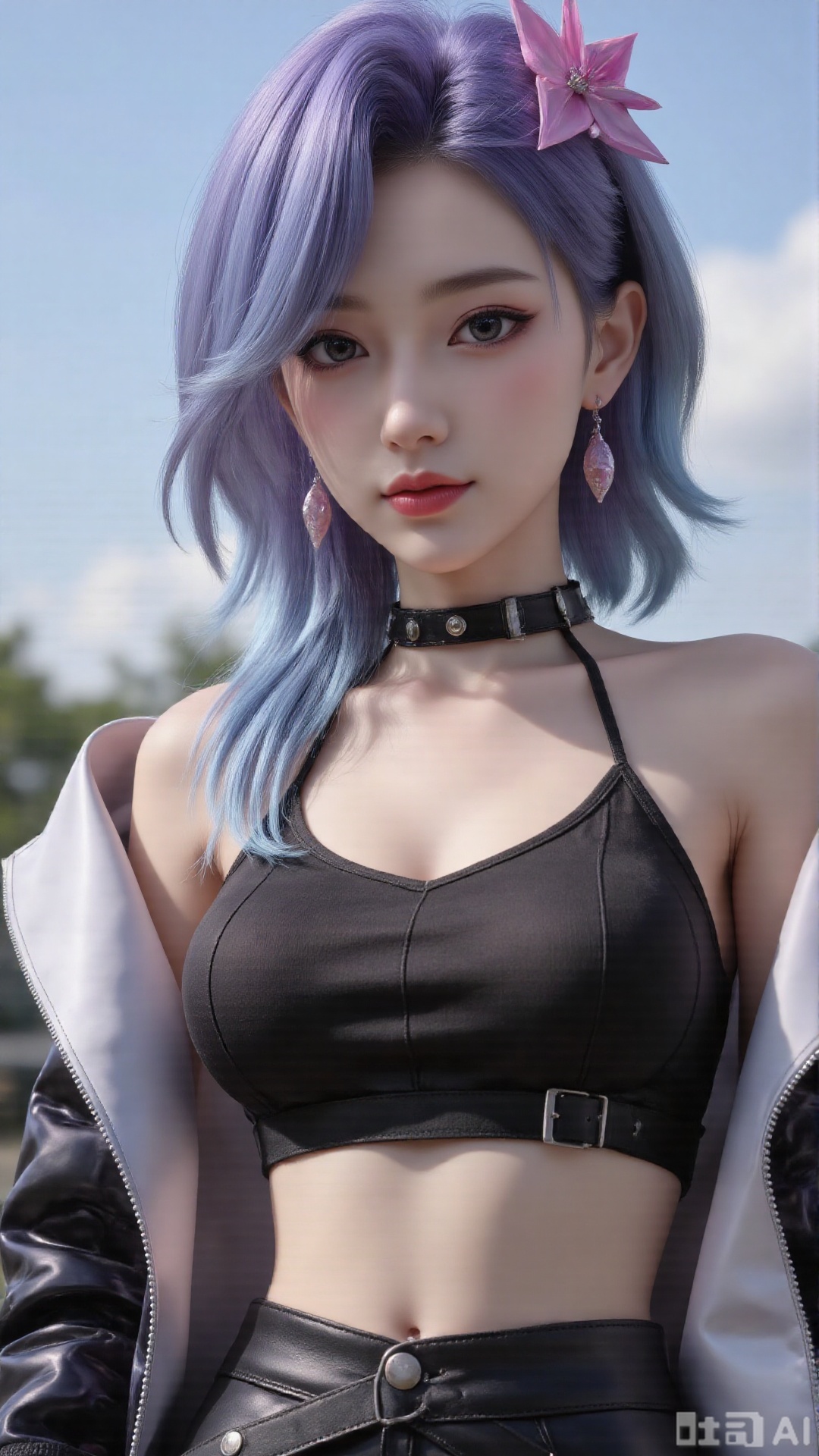 1girl, wavy hair, solo, clothes, mischevious smile, perfect body, scenery, sharp focus, best quality, masterpiece, detailed outfit, illustration, perfect eyes, finely detailed beautiful anime eyes, realistic skin, intricate details, best lighting, depth of field, ultra high resolution, cowboy shot