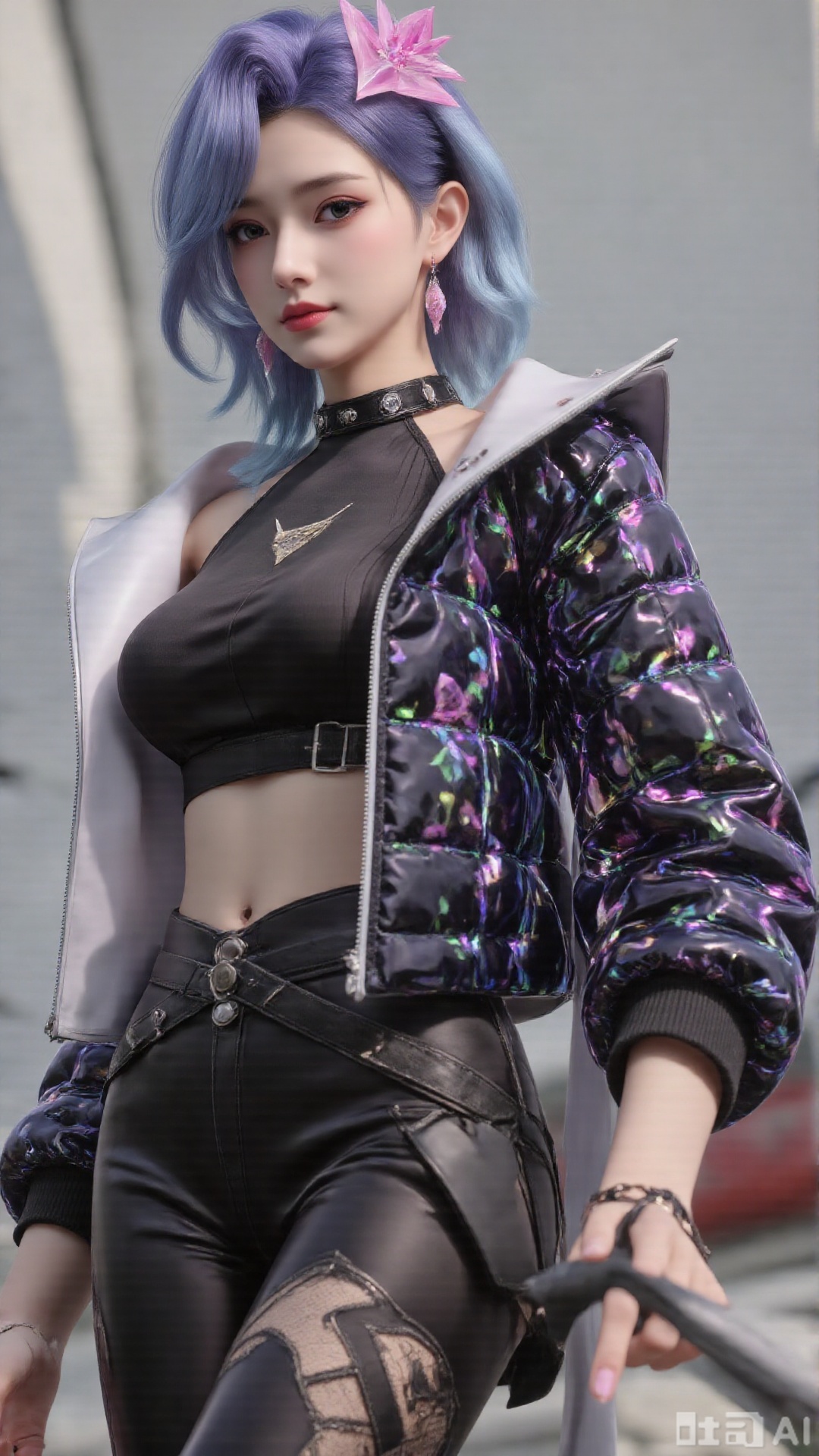 1girl, wavy hair, solo, clothes, mischevious smile, perfect body, scenery, sharp focus, best quality, masterpiece, detailed outfit, illustration, perfect eyes, finely detailed beautiful anime eyes, realistic skin, intricate details, best lighting, depth of field, ultra high resolution, cowboy shot
