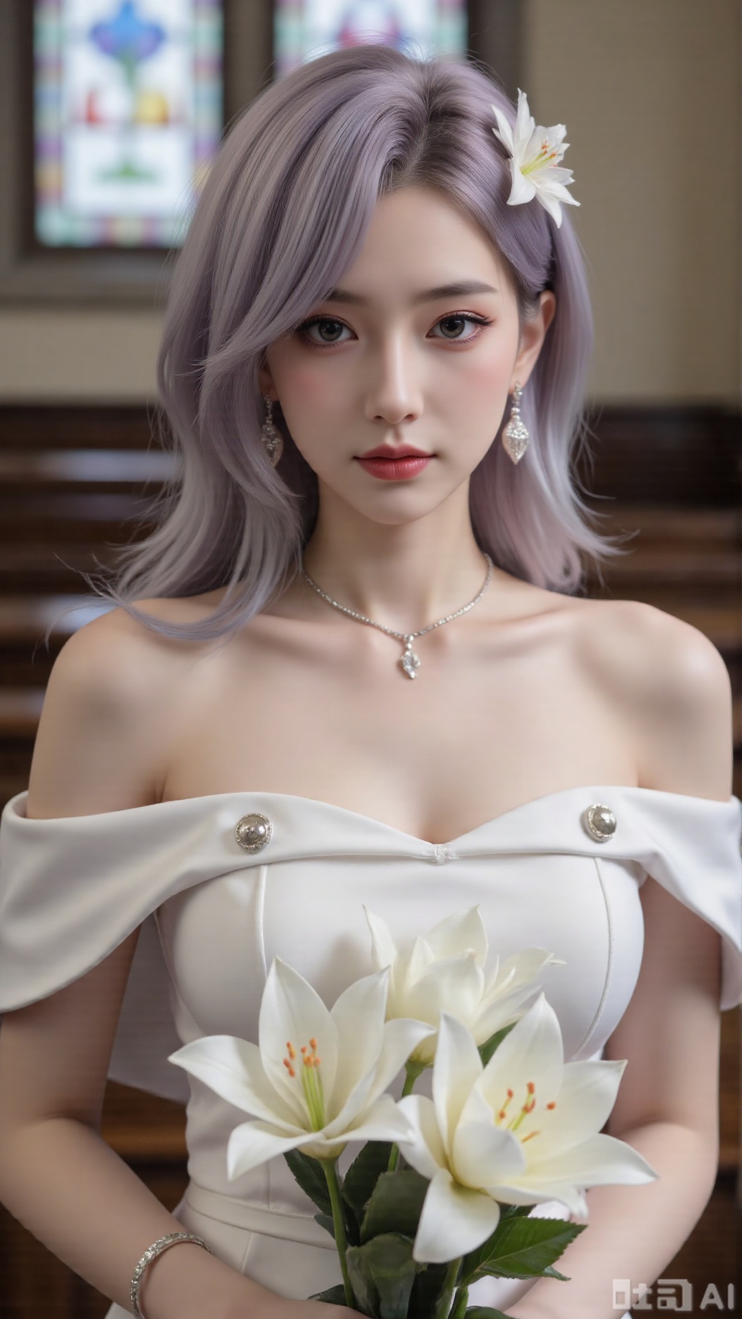 masterpiece,very aware,highres,absurdres,newest,best quality,high quality,chromatic_aberration,cinematic_angle,dutch angle,blurry_foreground,
1girl, flower, solo, hair ornament, dress, bouquet, stained glass, hair flower, holding bouquet, white dress, holding, looking at viewer, necklace, jewelry, church, white flower, virtual youtuber, lily (flower), earrings, closed mouth, bare shoulders, indoors, off-shoulder dress, aqua eyes, long hair, off shoulder, wedding dress, light smile, mole, blue eyes, upper body, collarbone, holding flower,
photorealistic
