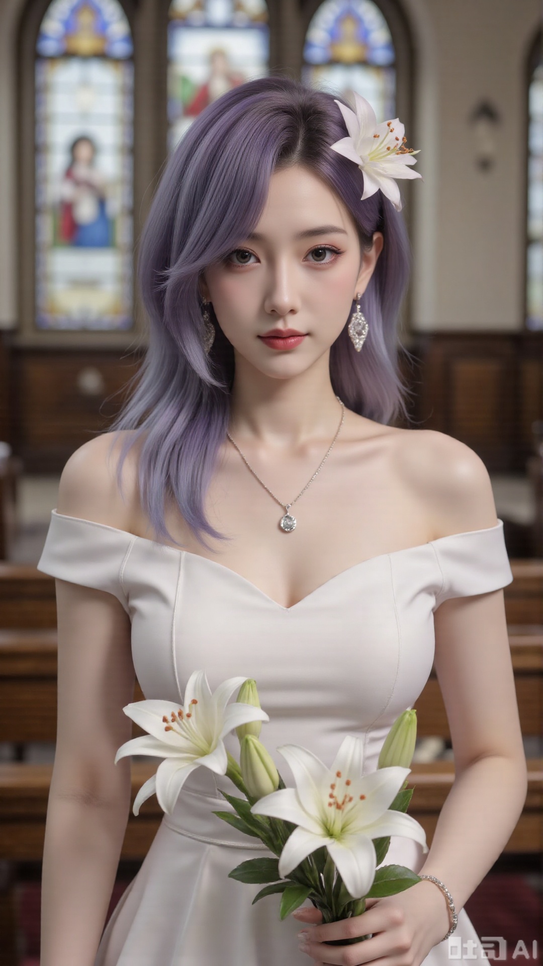 masterpiece,very aware,highres,absurdres,newest,best quality,high quality,chromatic_aberration,cinematic_angle,dutch angle,blurry_foreground,
1girl, flower, solo, hair ornament, dress, bouquet, stained glass, hair flower, holding bouquet, white dress, holding, looking at viewer, necklace, jewelry, church, white flower, virtual youtuber, lily (flower), earrings, closed mouth, bare shoulders, indoors, off-shoulder dress, aqua eyes, long hair, off shoulder, wedding dress, light smile, mole, blue eyes, upper body, collarbone, holding flower,
photorealistic
