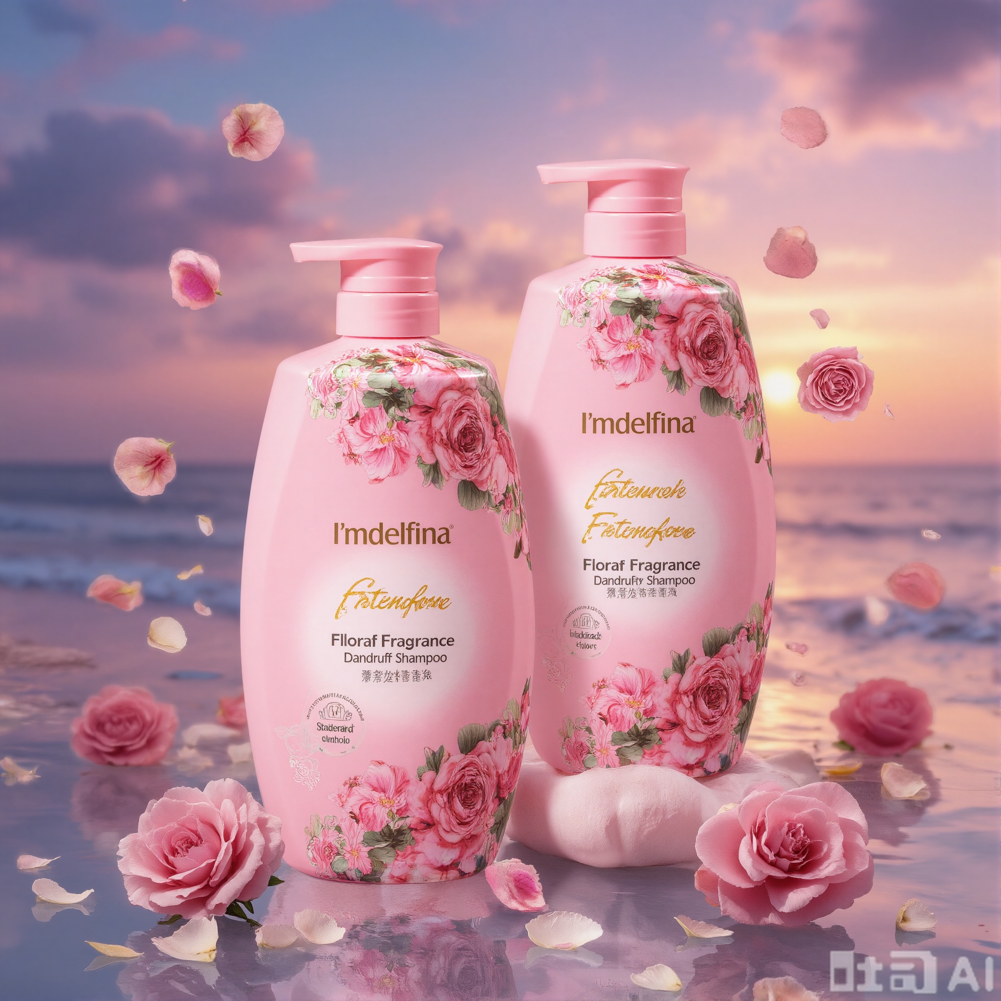 In the scene, a pair of pink shampoo bottles, branded "I'mdelfina," are showcased. The product is named "Floral Fragrance Dandruff Shampoo." The bottles are adorned with intricate floral patterns, featuring pink flowers and green leaves. The background is a stunning beach at sunset, with the sky transitioning in a soft blue-purple gradient. On the calm sea, several blooming roses and scattered petals float, creating a romantic and dreamy atmosphere.