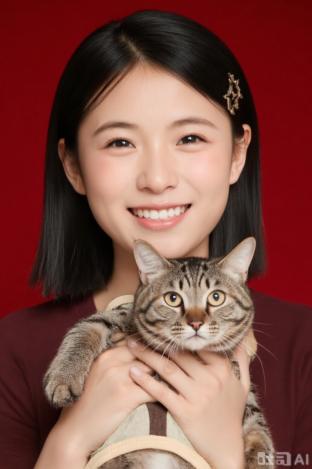 A girl holds a tabby cat in a vest against a red background, smiling gently. The composition is close - up, with warm tones. The style is warm and natural, showing the harmonious interaction between the girl and the cat.