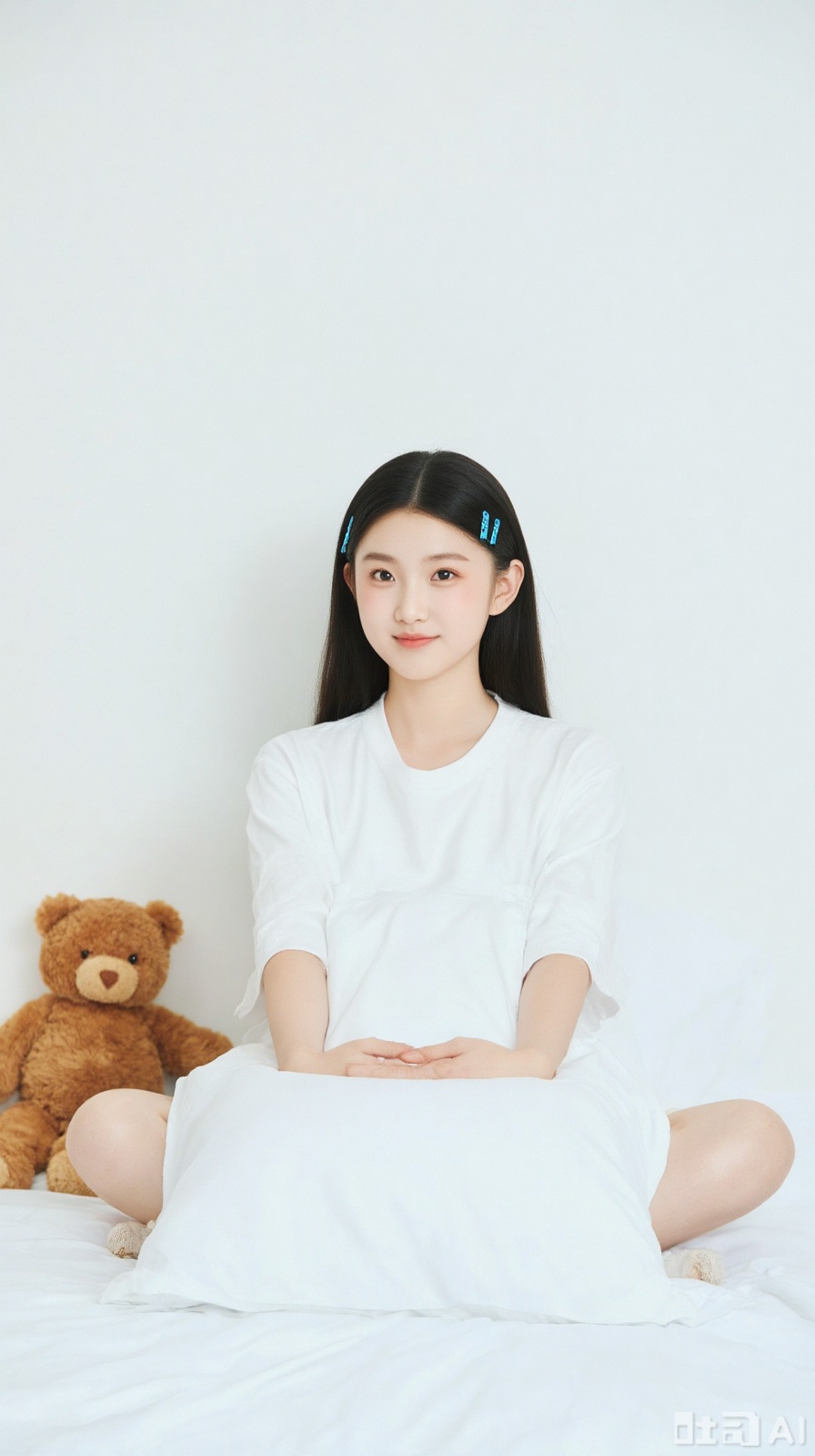 qxsn, A girl in a white shirt, with blue hair clips, sits cross - legged on a bed, holding a white pillow. There are teddy bears beside her, against a pure white wall. The composition is centered, the tone is fresh and bright, the light is soft, and the style is pure and lovely..
