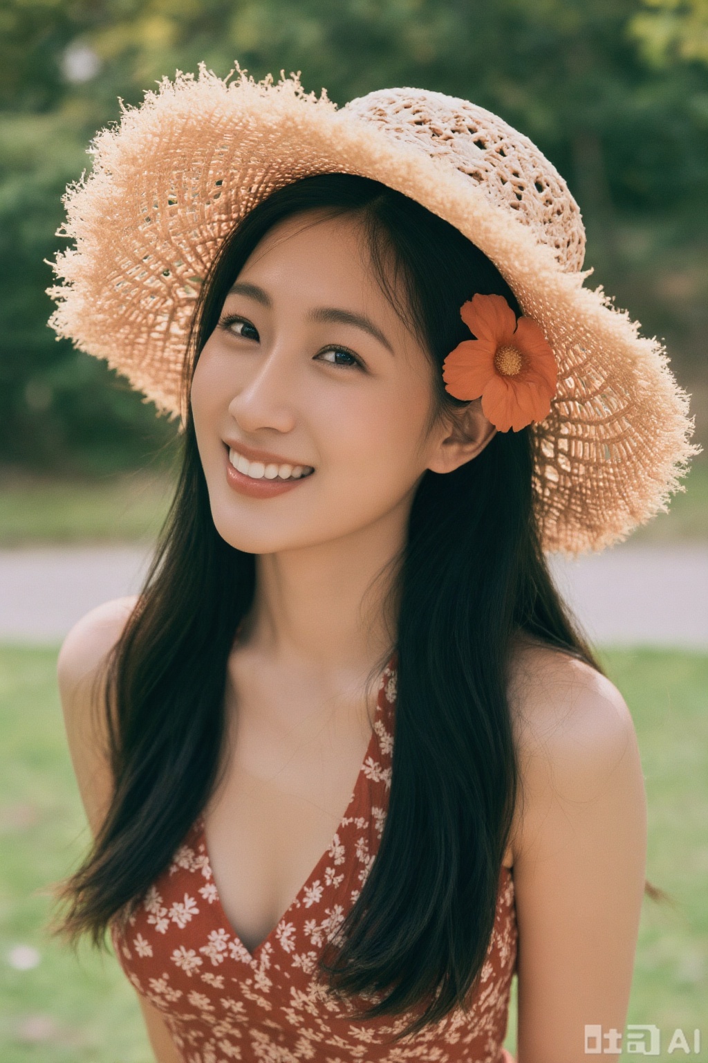 qxsn, A girl wearing a straw hat with an orange flower and a red floral halter dress, smiling sideways. Outdoor grass, close - up composition. Warm yellow tone, natural light. Retro pastoral style, with green plants and roads in the background.