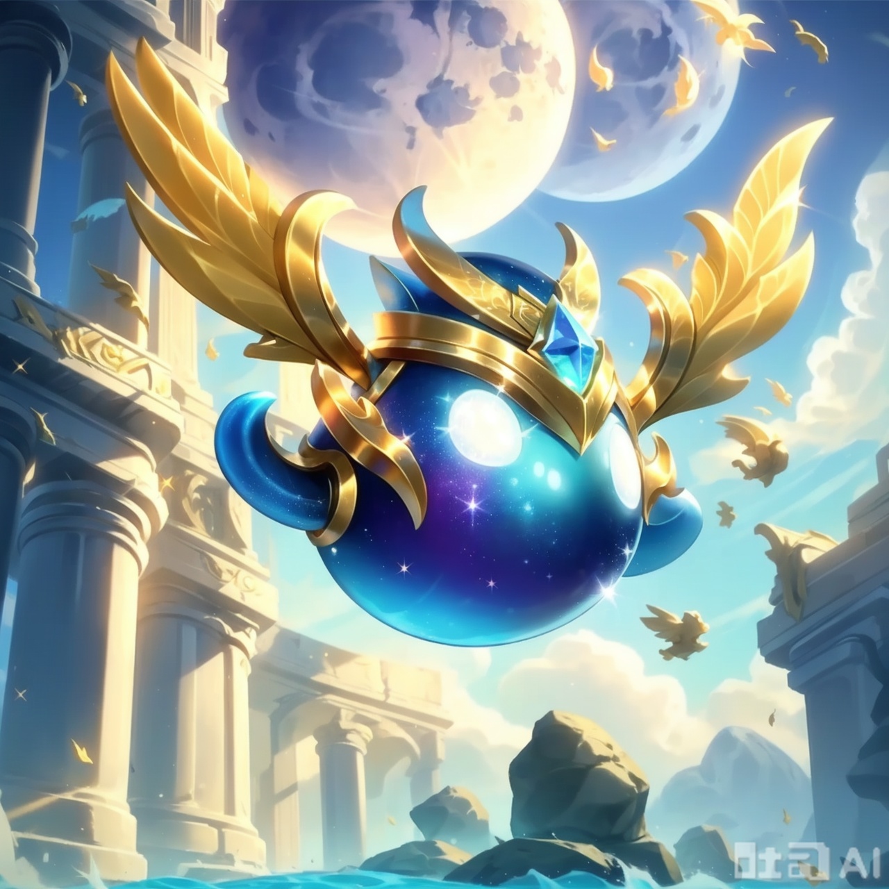 solo, outdoors, wings, sky, cloud, no humans, sparkle, glowing, moon, floating, pillar,RiverSprite\(league of legends\)