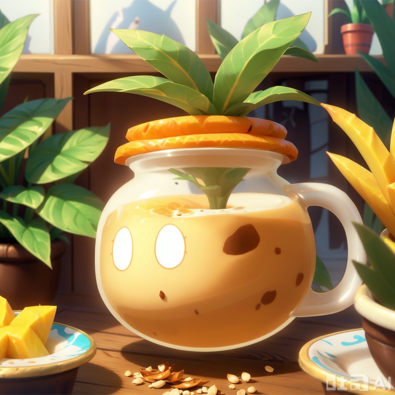 solo, holding, poplar branch nectar, mango grains, milk tea, blurry, cup, pokemon \(creature\), no humans, window, glowing, glowing eyes,cute, plant, potted plant, shelf, jar, RiverSprite\(league of legends\)