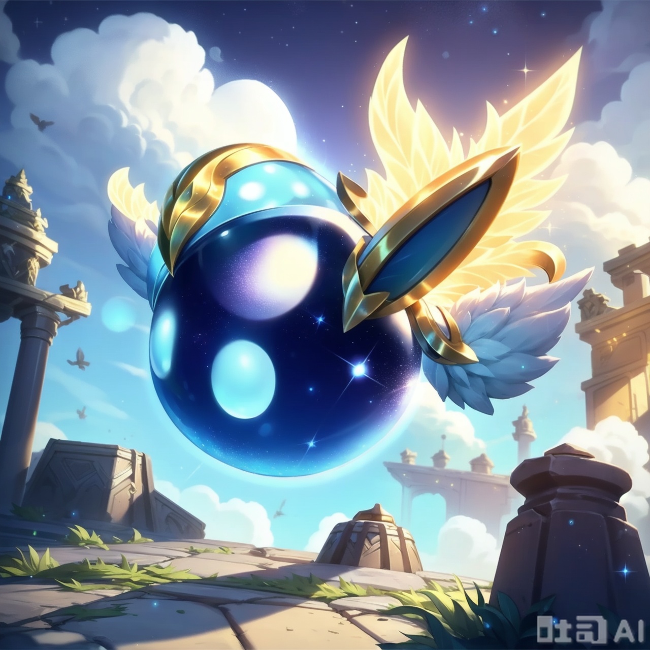 solo, outdoors, wings, sky, cloud, no humans, sparkle, glowing, moon, floating, pillar,RiverSprite\(league of legends\)