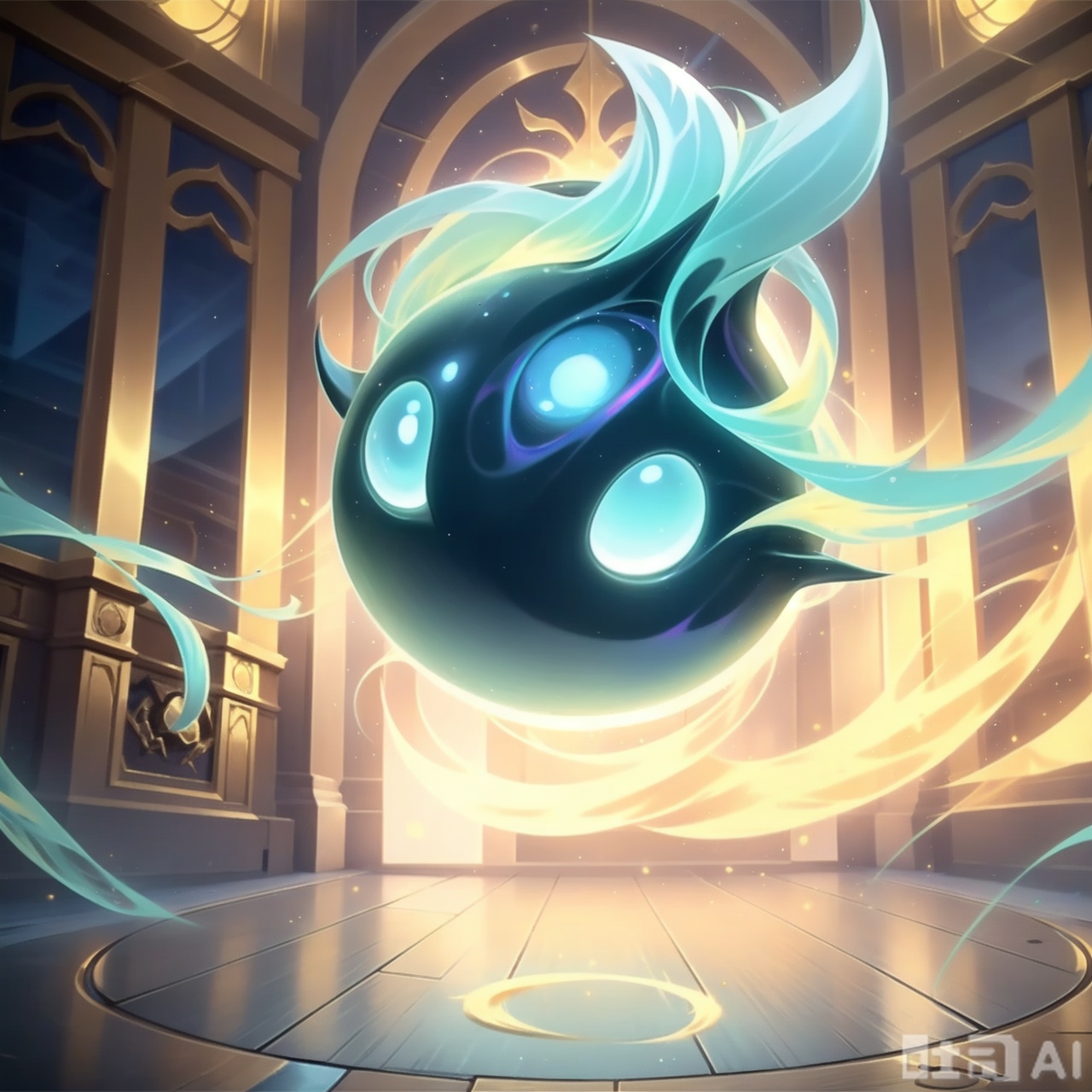 The image depicts a vibrant, futuristic creature floating in a room with a glowing, ethereal atmosphere. The creature has a spherical shape with a dark, glossy exterior that is adorned with iridescent, swirling patterns. It emits a bright, multicolored light from its surface, creating a dynamic and otherworldly effect. The background features a grand, classical-style room with tall, arched windows that allow soft, warm light to filter in. The floor is made of polished stone, and there are steps leading up to the room. The overall scene has a magical and mystical quality, with the creature appearing to be in motion or being summoned.RiverSprite\(league of legends\)