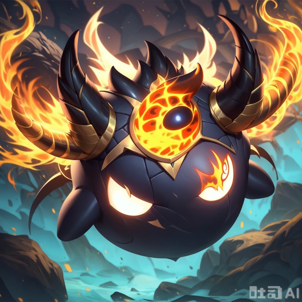solo, full body, horns, pokemon \(creature\), no humans, glowing, fire, glowing eyes,RiverSprite\(league of legends\)