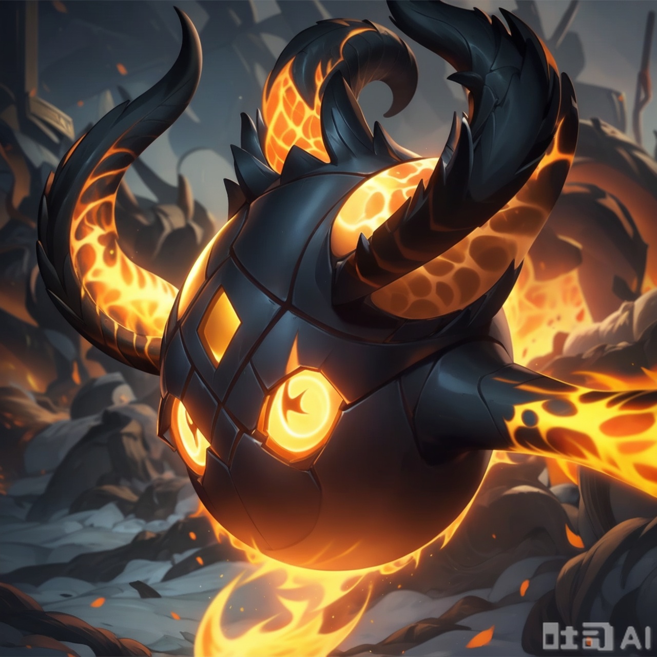 solo, full body, horns, pokemon \(creature\), no humans, glowing, fire, glowing eyes,RiverSprite\(league of legends\)