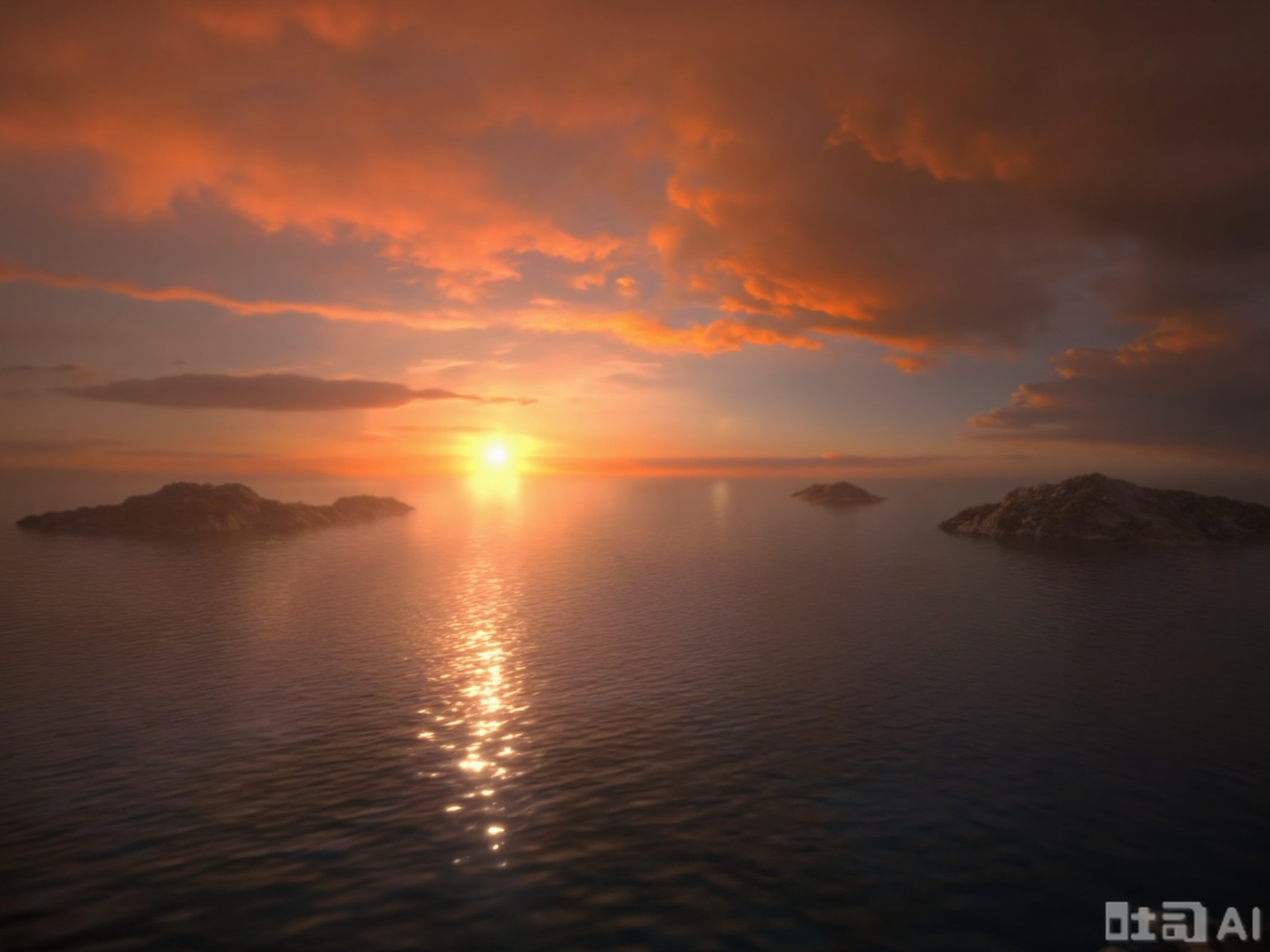 The image depicts a serene seascape at sunset. The sky is filled with dramatic clouds, illuminated in shades of orange, pink, and gold, reflecting the setting sun. The water below is calm, with gentle ripples catching the last rays of sunlight. Small islands or rock formations are visible in the distance, partially obscured by the water. The overall atmosphere is peaceful and picturesque, capturing the beauty of nature at dusk.,
guoman