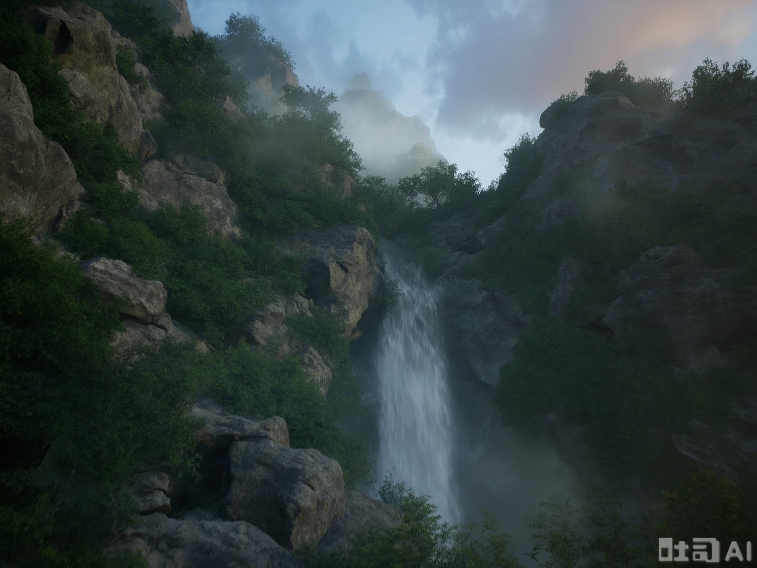 The image depicts a lush, verdant landscape dominated by a waterfall cascading down a rocky cliff. The waterfall is surrounded by dense greenery, with various trees and shrubs growing on the rocky terrain. The rocks are rugged and uneven, with some partially covered in mist or fog, adding a sense of depth and mystery to the scene. The sky above is partly cloudy, with hints of blue peeking through, suggesting a serene and natural environment. The overall atmosphere is tranquil and picturesque, evoking a sense of being in a remote, untouched wilderness.
guoman