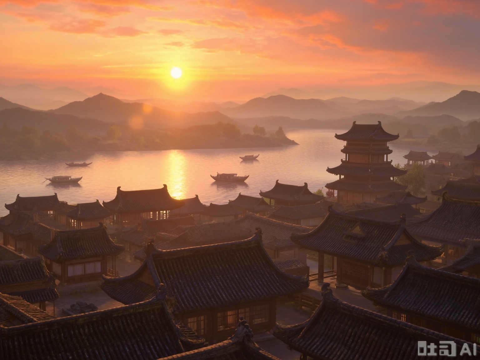 The image depicts a serene and picturesque scene of a traditional East Asian city at sunset. The foreground features a series of traditional East Asian-style buildings with tiled roofs, arranged in a grid-like pattern. The architecture is characterized by curved eaves and multiple tiers, typical of ancient Chinese or Japanese city planning. The buildings are illuminated by warm, golden light, suggesting the time is either early morning or late afternoon.

In the background, there is a vast expanse of water, likely a river or a bay, with several boats floating on it. The water reflects the warm hues of the setting sun, creating a tranquil and harmonious atmosphere. Beyond the water, there are rolling hills and mountains, shrouded in a light mist, adding depth and a sense of mystery to the scene. The sky is painted with vibrant shades of orange, yellow, and pink, indicating the sun is either rising or setting, casting a soft and warm glow over the entire landscape. The overall composition is peaceful and evokes a sense of timelessness and beauty.
guoman