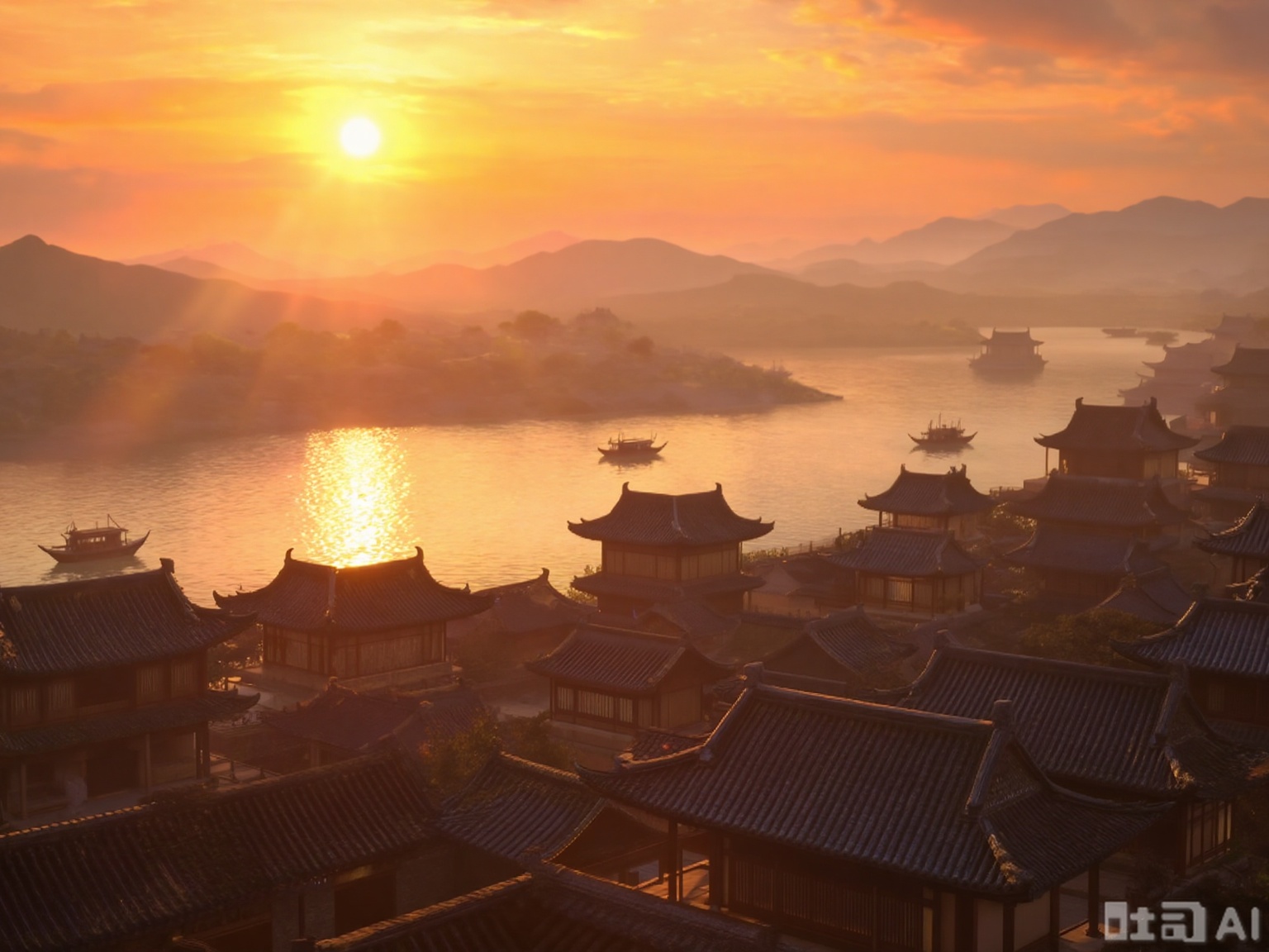 The image depicts a serene and picturesque scene of a traditional East Asian city at sunset. The foreground features a series of traditional East Asian-style buildings with tiled roofs, arranged in a grid-like pattern. The architecture is characterized by curved eaves and multiple tiers, typical of ancient Chinese or Japanese city planning. The buildings are illuminated by warm, golden light, suggesting the time is either early morning or late afternoon.

In the background, there is a vast expanse of water, likely a river or a bay, with several boats floating on it. The water reflects the warm hues of the setting sun, creating a tranquil and harmonious atmosphere. Beyond the water, there are rolling hills and mountains, shrouded in a light mist, adding depth and a sense of mystery to the scene. The sky is painted with vibrant shades of orange, yellow, and pink, indicating the sun is either rising or setting, casting a soft and warm glow over the entire landscape. The overall composition is peaceful and evokes a sense of timelessness and beauty.
guoman