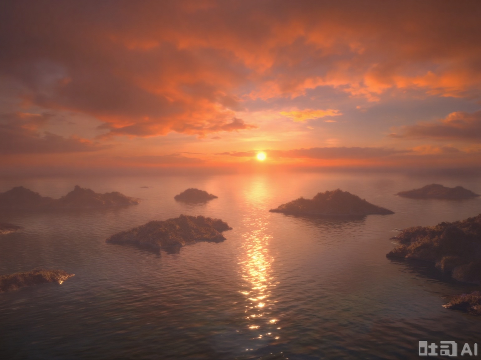 The image depicts a serene seascape at sunset. The sky is filled with dramatic clouds, illuminated in shades of orange, pink, and gold, reflecting the setting sun. The water below is calm, with gentle ripples catching the last rays of sunlight. Small islands or rock formations are visible in the distance, partially obscured by the water. The overall atmosphere is peaceful and picturesque, capturing the beauty of nature at dusk.,
guoman