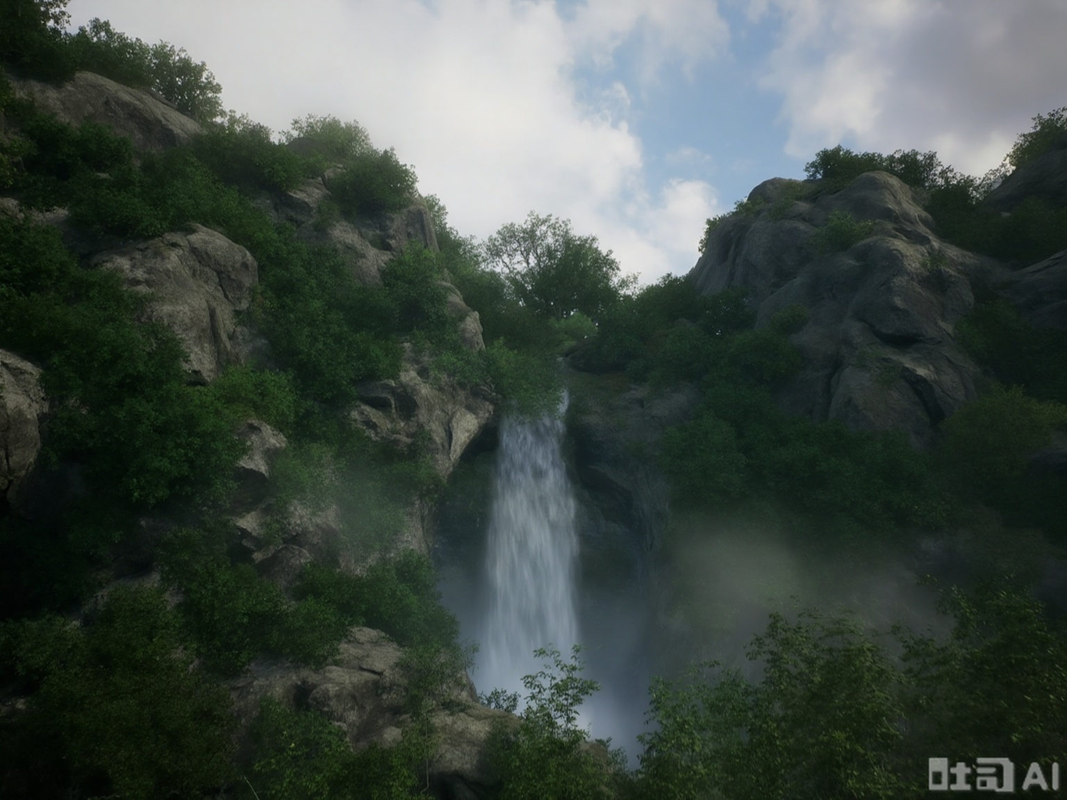 The image depicts a lush, verdant landscape dominated by a waterfall cascading down a rocky cliff. The waterfall is surrounded by dense greenery, with various trees and shrubs growing on the rocky terrain. The rocks are rugged and uneven, with some partially covered in mist or fog, adding a sense of depth and mystery to the scene. The sky above is partly cloudy, with hints of blue peeking through, suggesting a serene and natural environment. The overall atmosphere is tranquil and picturesque, evoking a sense of being in a remote, untouched wilderness.
guoman