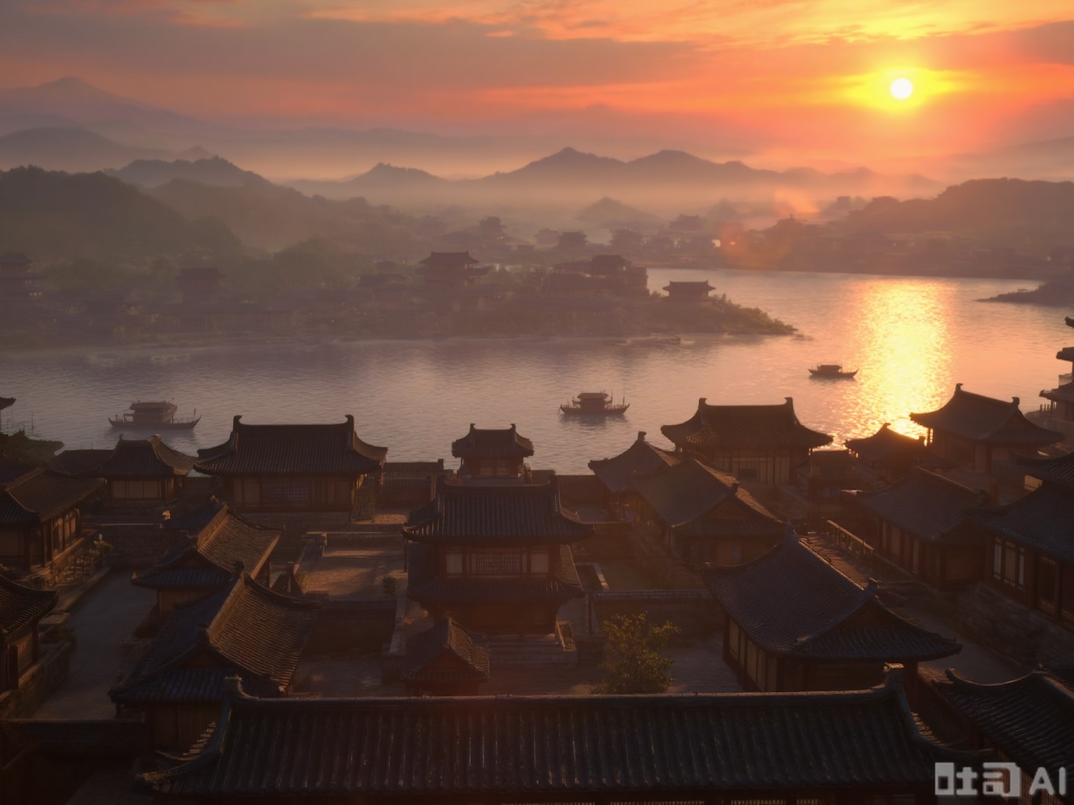 The image depicts a serene and picturesque scene of a traditional East Asian city at sunset. The foreground features a series of traditional East Asian-style buildings with tiled roofs, arranged in a grid-like pattern. The architecture is characterized by curved eaves and multiple tiers, typical of ancient Chinese or Japanese city planning. The buildings are illuminated by warm, golden light, suggesting the time is either early morning or late afternoon.

In the background, there is a vast expanse of water, likely a river or a bay, with several boats floating on it. The water reflects the warm hues of the setting sun, creating a tranquil and harmonious atmosphere. Beyond the water, there are rolling hills and mountains, shrouded in a light mist, adding depth and a sense of mystery to the scene. The sky is painted with vibrant shades of orange, yellow, and pink, indicating the sun is either rising or setting, casting a soft and warm glow over the entire landscape. The overall composition is peaceful and evokes a sense of timelessness and beauty.
guoman