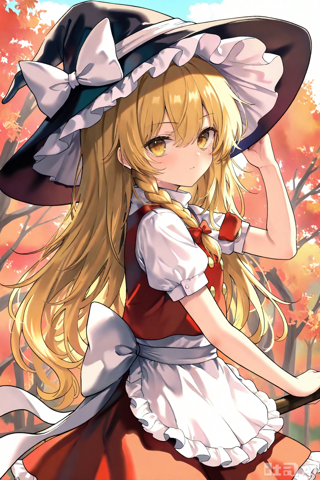 masterpiece,illustration,ultra detailed,hdr,Depth of field,,standing,looking_at_viewer,kirisame marisa,hat,witch hat,blonde hair,solo,braid,yellow eyes,long hair,single braid,red bow,hair bow,red skirt,black hat bow,hat bow,white waist apron,puffy short sleeves,red vest,white shirt,solo,1girl,red skirt,red hat