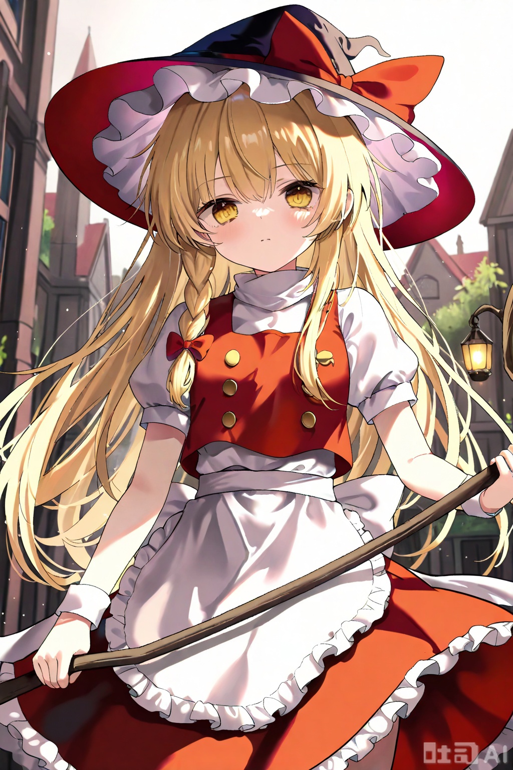 masterpiece,illustration,ultra detailed,hdr,Depth of field,,standing,looking_at_viewer,hat,witch hat,blonde hair,solo,braid,yellow eyes,long hair,single braid,red bow,hair bow,red skirt,black hat bow,hat bow,white waist apron,puffy short sleeves,red vest,white shirt,solo,1girl,red skirt,red hat