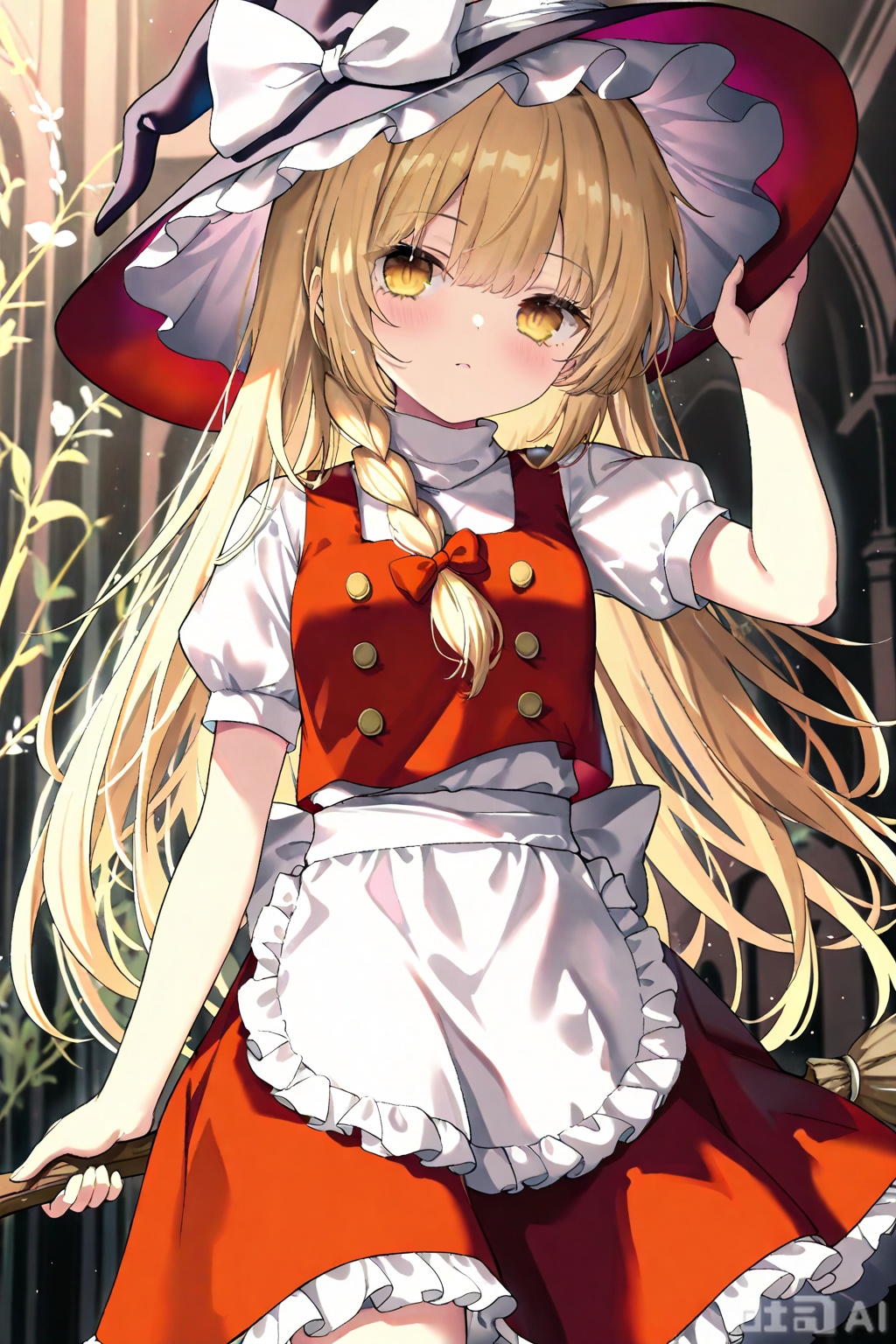 masterpiece,illustration,ultra detailed,hdr,Depth of field,,standing,looking_at_viewer,hat,witch hat,blonde hair,solo,braid,yellow eyes,long hair,single braid,red bow,hair bow,red skirt,black hat bow,hat bow,white waist apron,puffy short sleeves,red vest,white shirt,solo,1girl,red skirt,red hat