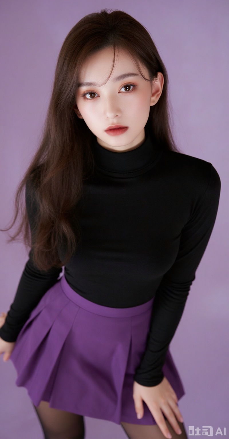 1girl,solo,long hair,looking at viewer,brown hair,black hair,brown eyes,parted lips,black eyes,lips,realistic,large breasts,meinv,
1girl,breasts,skirt,solo,pantyhose,large breasts,purple skirt,covered navel,long sleeves,taut clothes,miniskirt,pleated skirt,turtleneck,black shirt,shirt,black pantyhose,taut shirt, 
