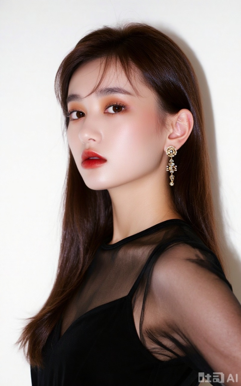 1girl, solo, long hair, looking at viewer, simple background, brown hair, black hair, brown eyes, parted lips,black eyes, lips, portrait, realistic,meinv,
1girl,solo,jewelry,earrings,see-through,dress,upper body,black dress,hand on own hip,breasts,see-through sleeves, 
