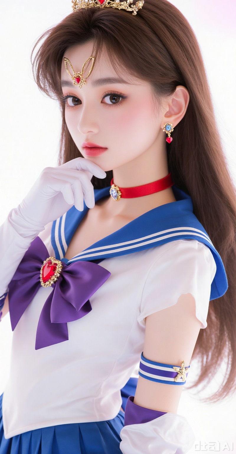 1girl,solo,long hair,looking at viewer,brown hair,black hair,brown eyes,parted lips,black eyes,lips,realistic,large breasts,meinv,
1girl,sailor senshi uniform,solo,jewelry,skirt,gloves,earrings,blue skirt,white gloves,sailor collar,bow,breasts,choker,elbow gloves,magical girl,back bow,covered navel,pleated skirt,looking at viewer,brooch,purple bow,heart brooch,red choker,miniskirt,closed mouth,large breasts,collarbone,red gemstone,tiara,cowboy shot,
