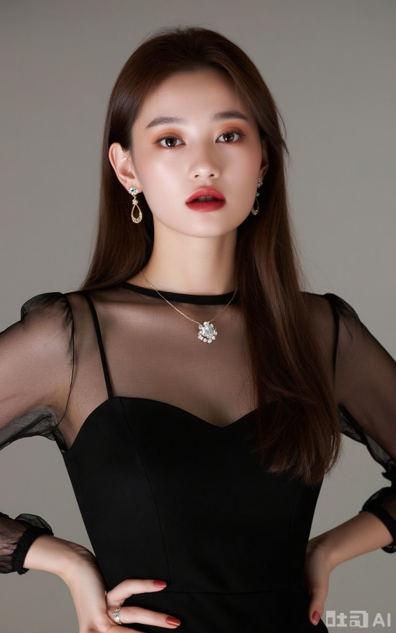 1girl, solo, long hair, looking at viewer, simple background, brown hair, black hair, brown eyes, parted lips,black eyes, lips, portrait, realistic,meinv,
1girl,solo,jewelry,earrings,see-through,dress,upper body,black dress,hand on own hip,breasts,see-through sleeves, 
