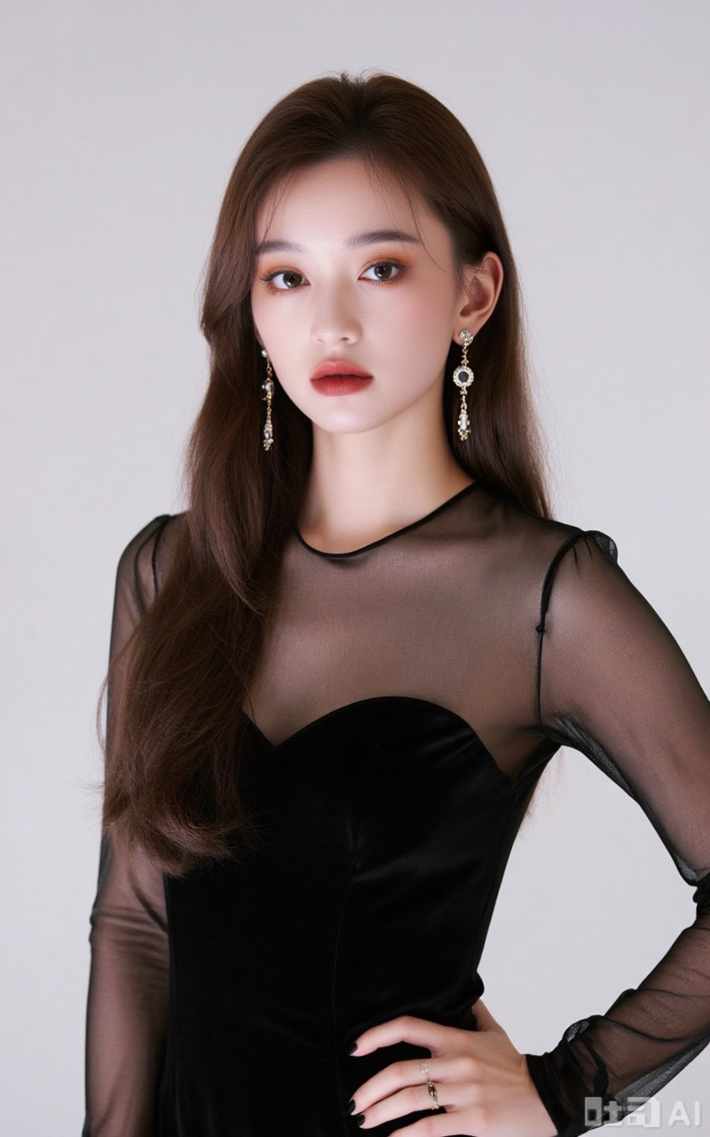 1girl,solo,long hair,looking at viewer,brown hair,black hair,brown eyes,parted lips,black eyes,lips,realistic,large breasts,meinv,
1girl,solo,jewelry,earrings,see-through,dress,upper body,black dress,hand on own hip,breasts,see-through sleeves, 
